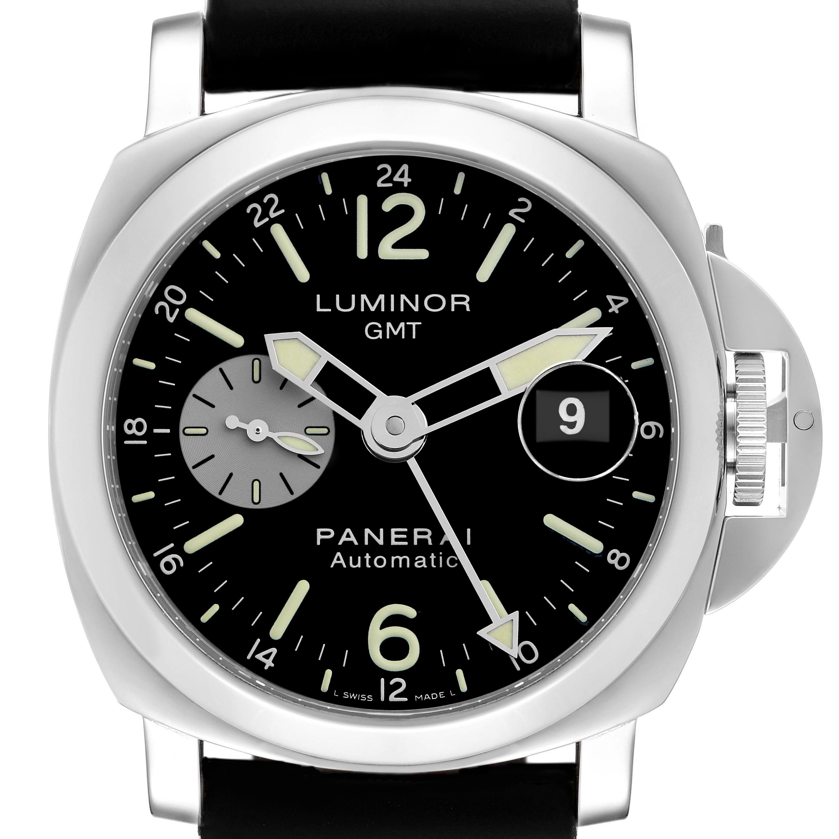 The Panerai Luminor PAM00088 Men's Stainless Steel Black Dial PAM00088 Men's Stainless Steel Black Dial watch is shown from the front, displaying the dial, crown guard, and strap attachment.