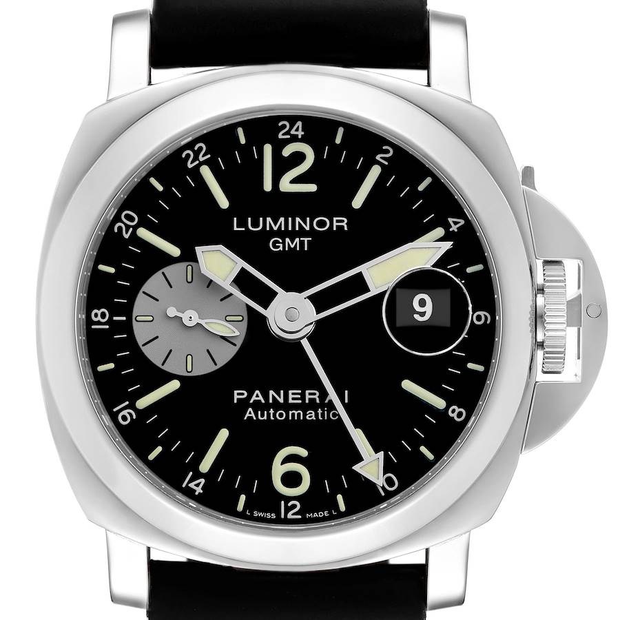 The Panerai Luminor watch is shown from the front, displaying the dial, crown guard, and strap attachment.