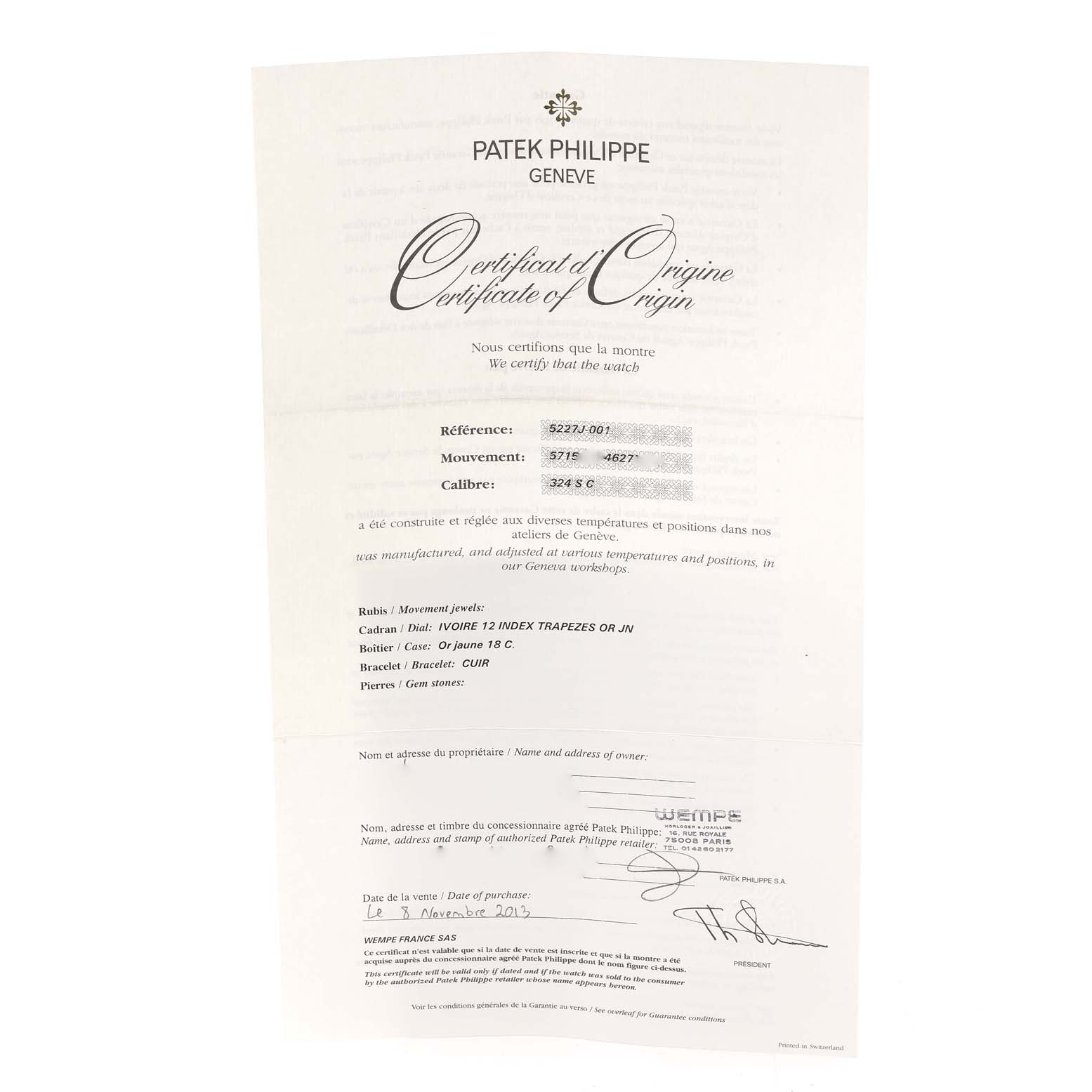 The image shows a Certificate of Origin for a Calatrava model by Patek Philippe, detailing the watch's reference, movement, and caliber.