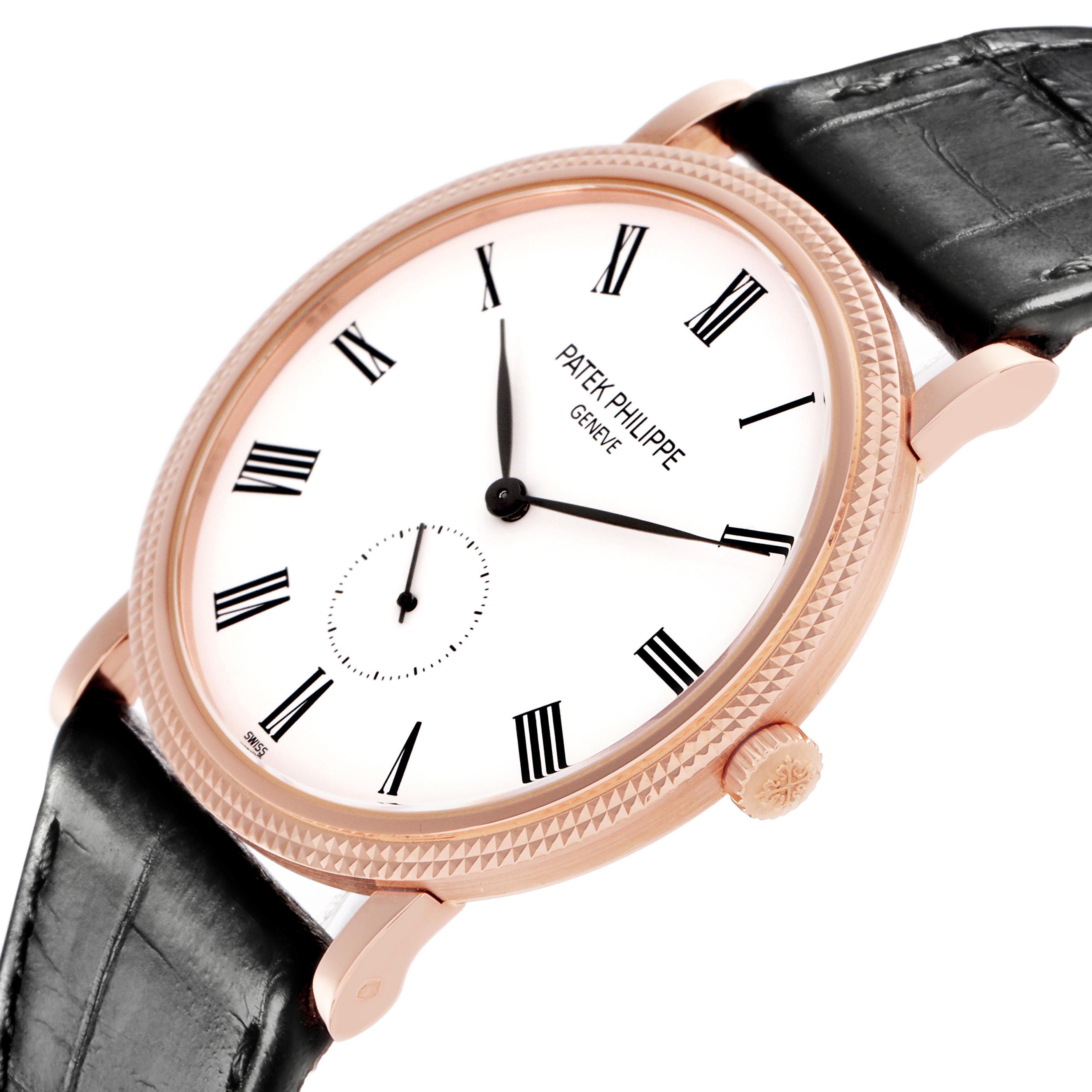 The image shows a side angle of the Patek Philippe Calatrava 5119R Men's Rose Gold White Dial 5119R Men's Rose Gold White Dial, displaying its white dial, Roman numerals, crown, and black strap.