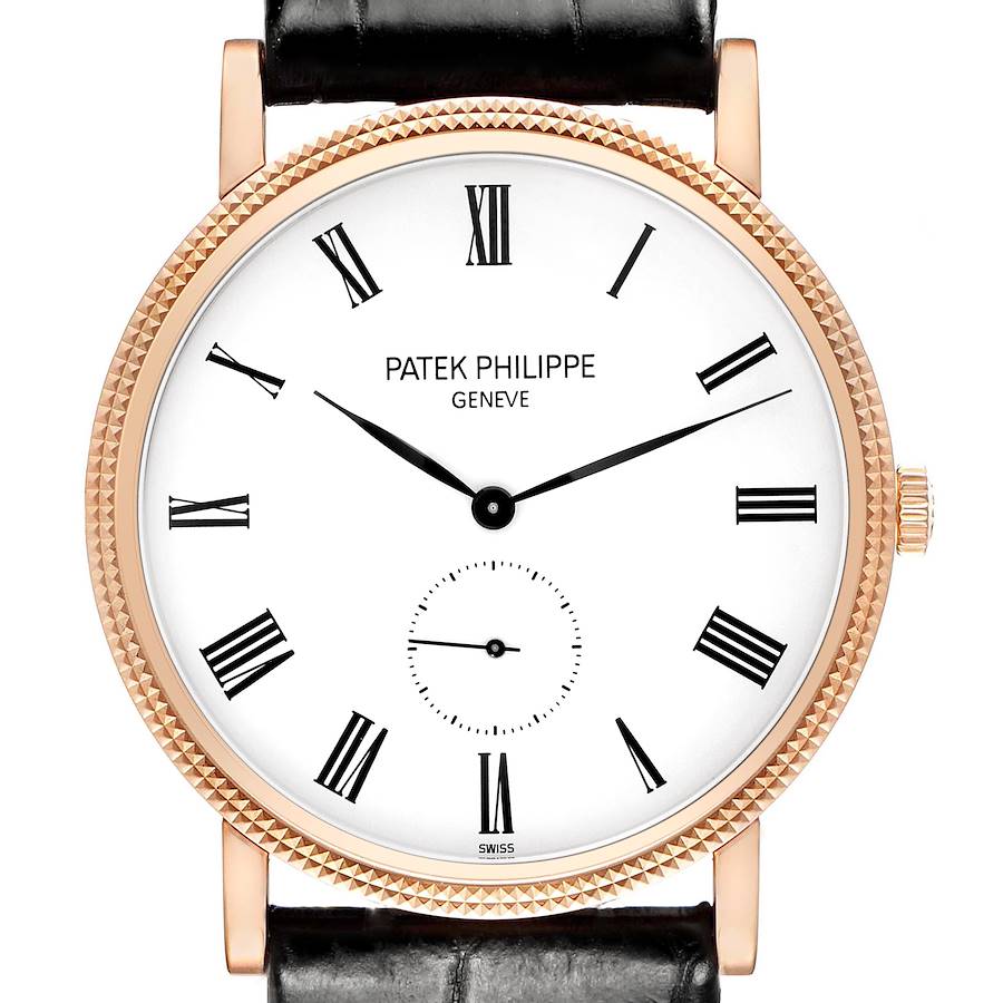 The image shows a front view of a Patek Philippe Calatrava watch, highlighting its dial, Roman numerals, and textured bezel.