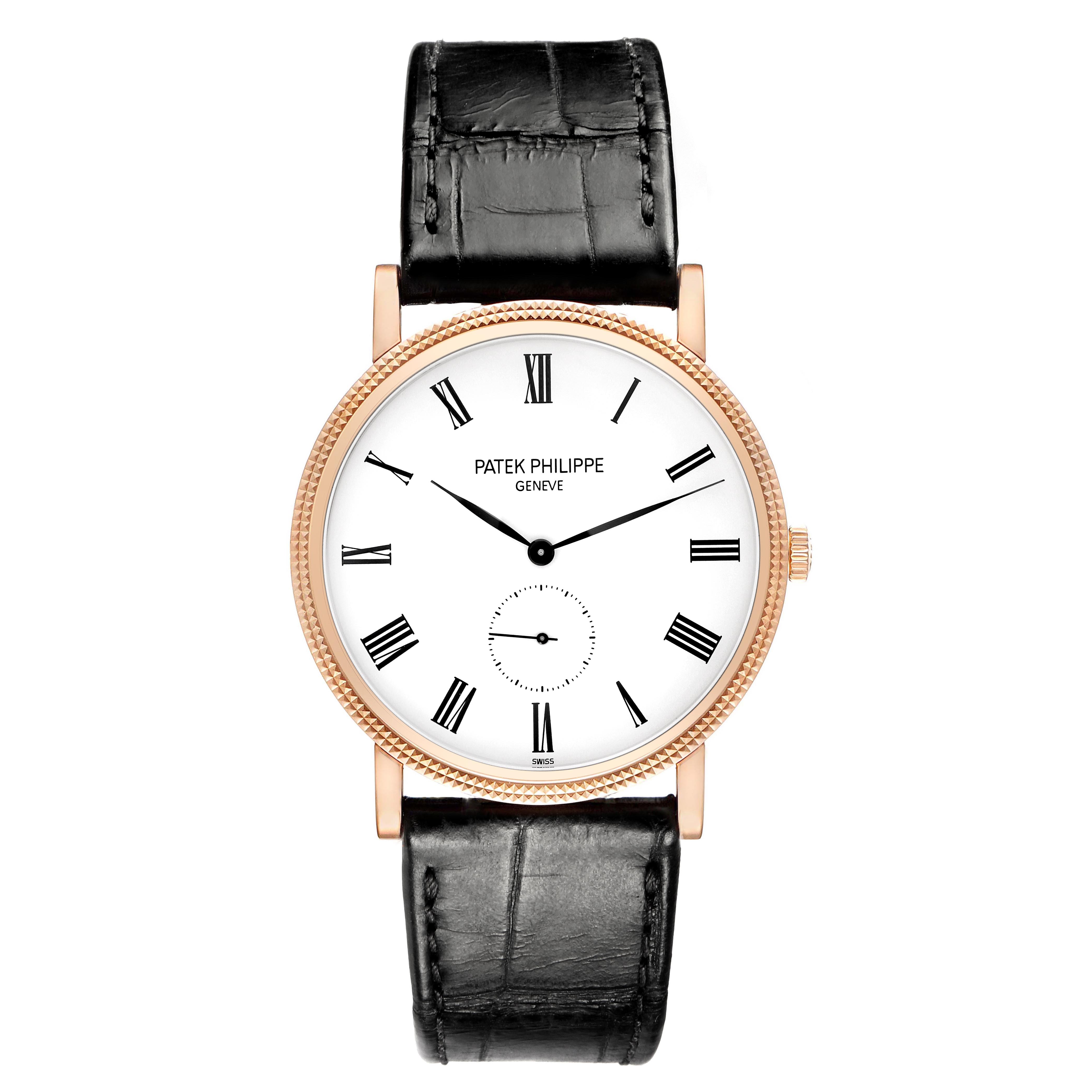 The Patek Philippe Calatrava 5119R Men's Rose Gold White Dial 5119R Men's Rose Gold White Dial watch is shown from the front, displaying the dial, hands, and black leather strap.