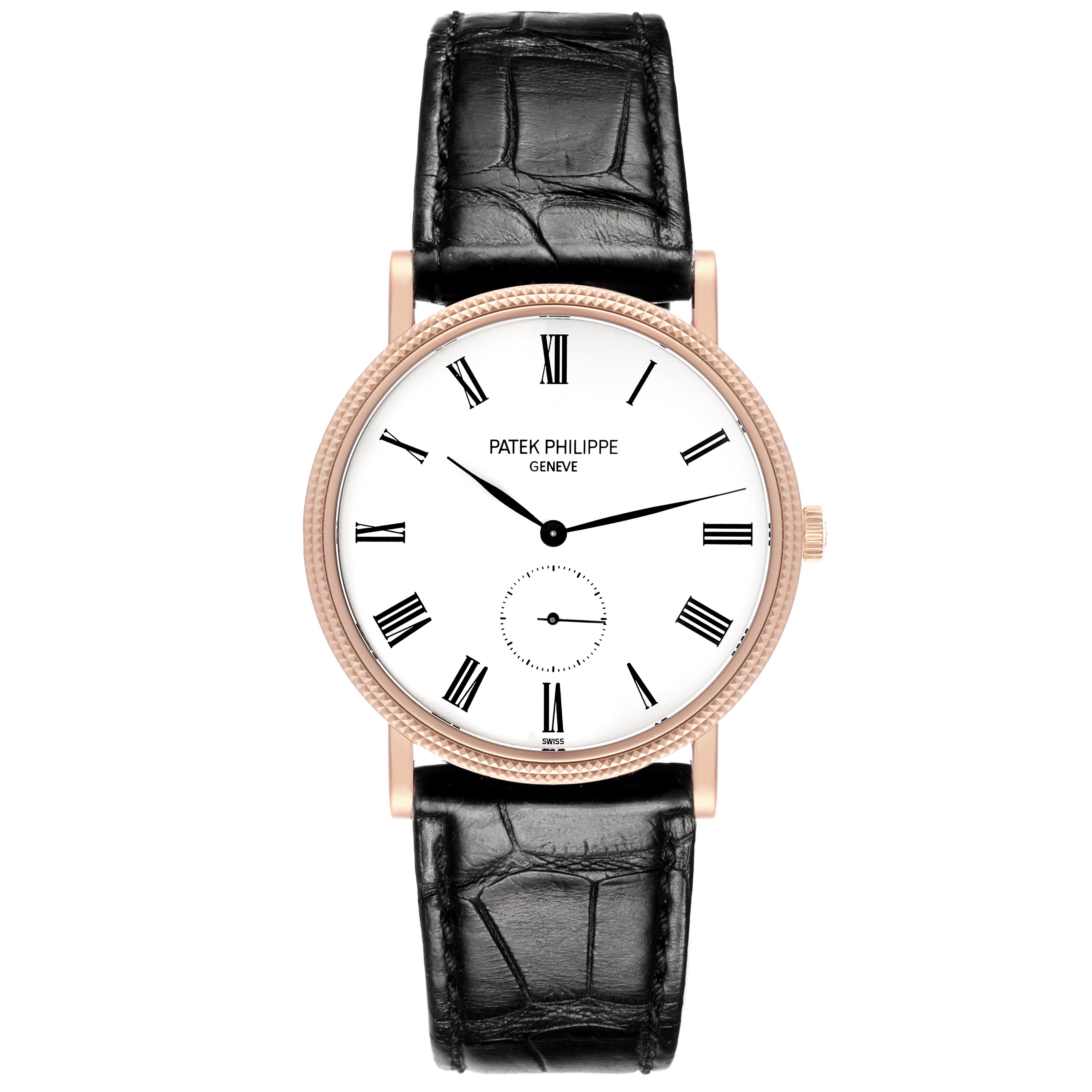 The image shows a front view of a Patek Philippe Calatrava 5119R Men's Rose Gold White Dial 5119R Men's Rose Gold White Dial model, highlighting its dial, Roman numerals, and leather strap.
