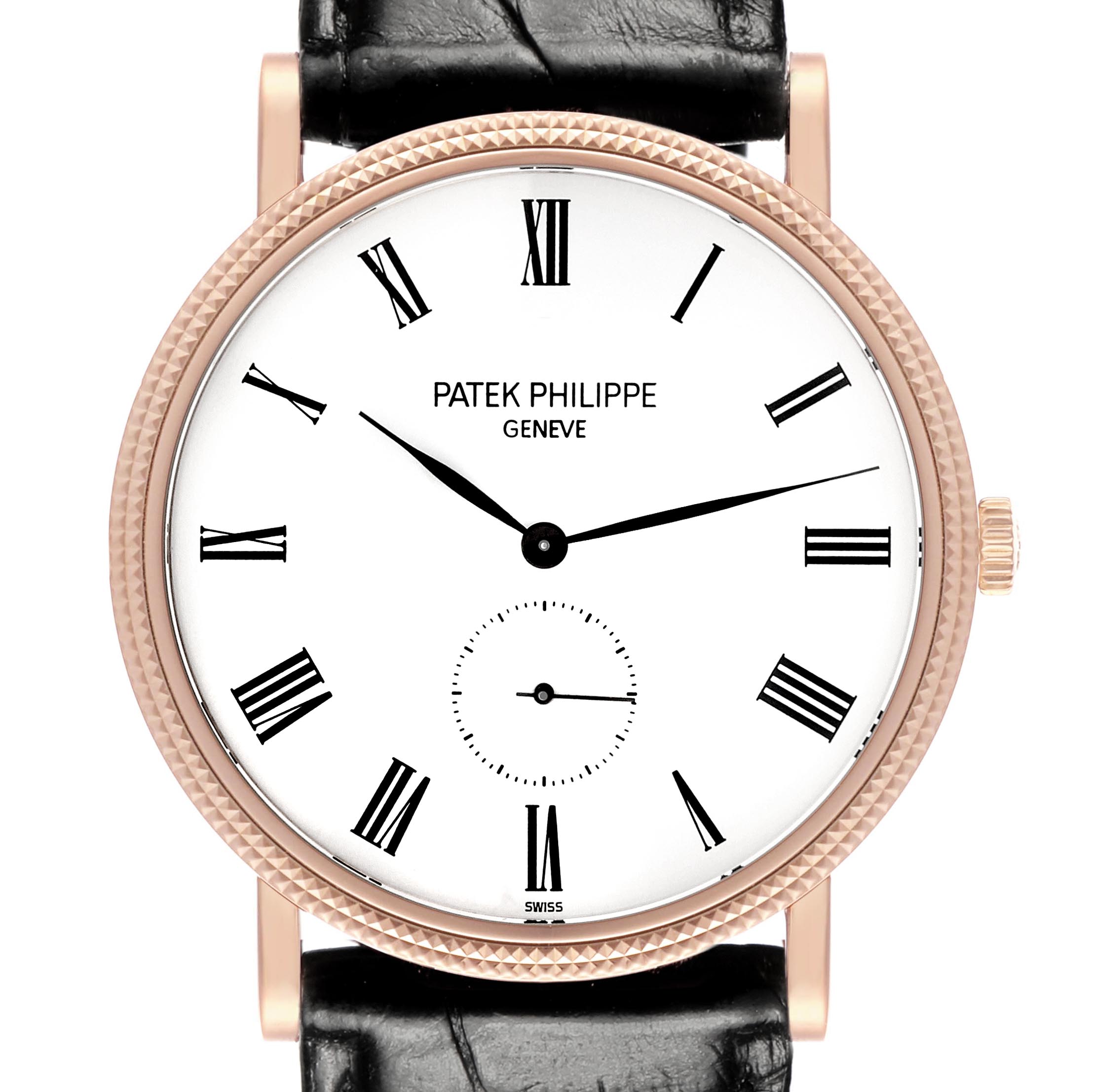 The Patek Philippe Calatrava 5119R Men's Rose Gold White Dial 5119R Men's Rose Gold White Dial watch is shown from a front angle, displaying its dial, hands, crown, and leather strap.