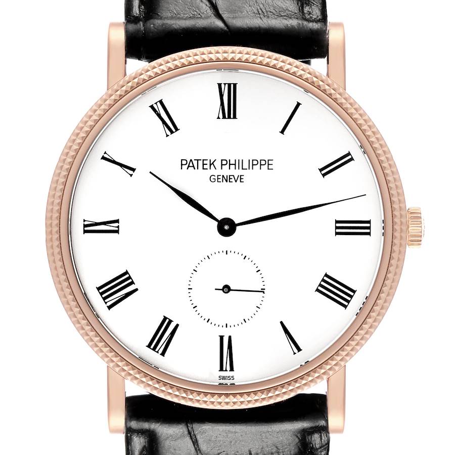 The Patek Philippe Calatrava watch is shown from a front angle, displaying its dial, hands, crown, and leather strap.