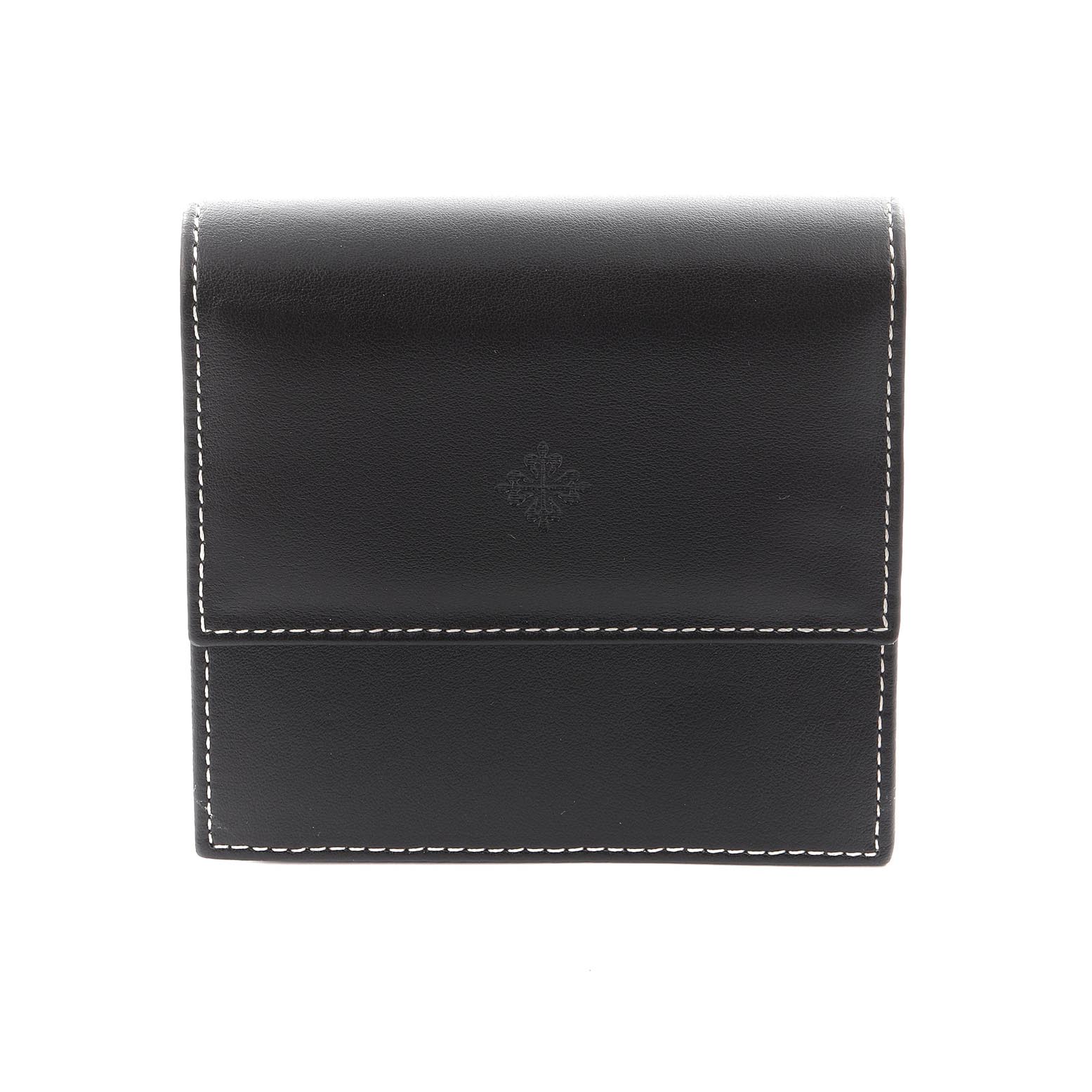 This is a front view of a Patek Philippe Calatrava 5119R Men's Rose Gold White Dial 5119R Men's Rose Gold White Dial black leather watch pouch with white stitching.