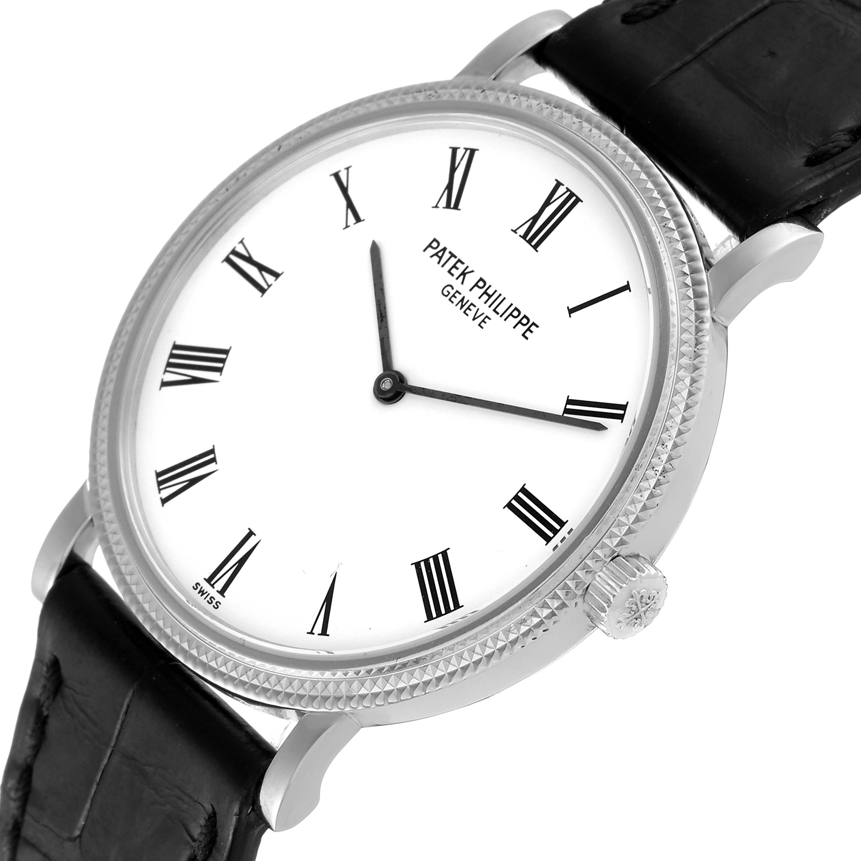 The image shows a close-up of the dial, bezel, and part of the strap of the Patek Philippe Calatrava 5120G Men
s White Gold White Dial 5120G Men
s White Gold White Dial watch.