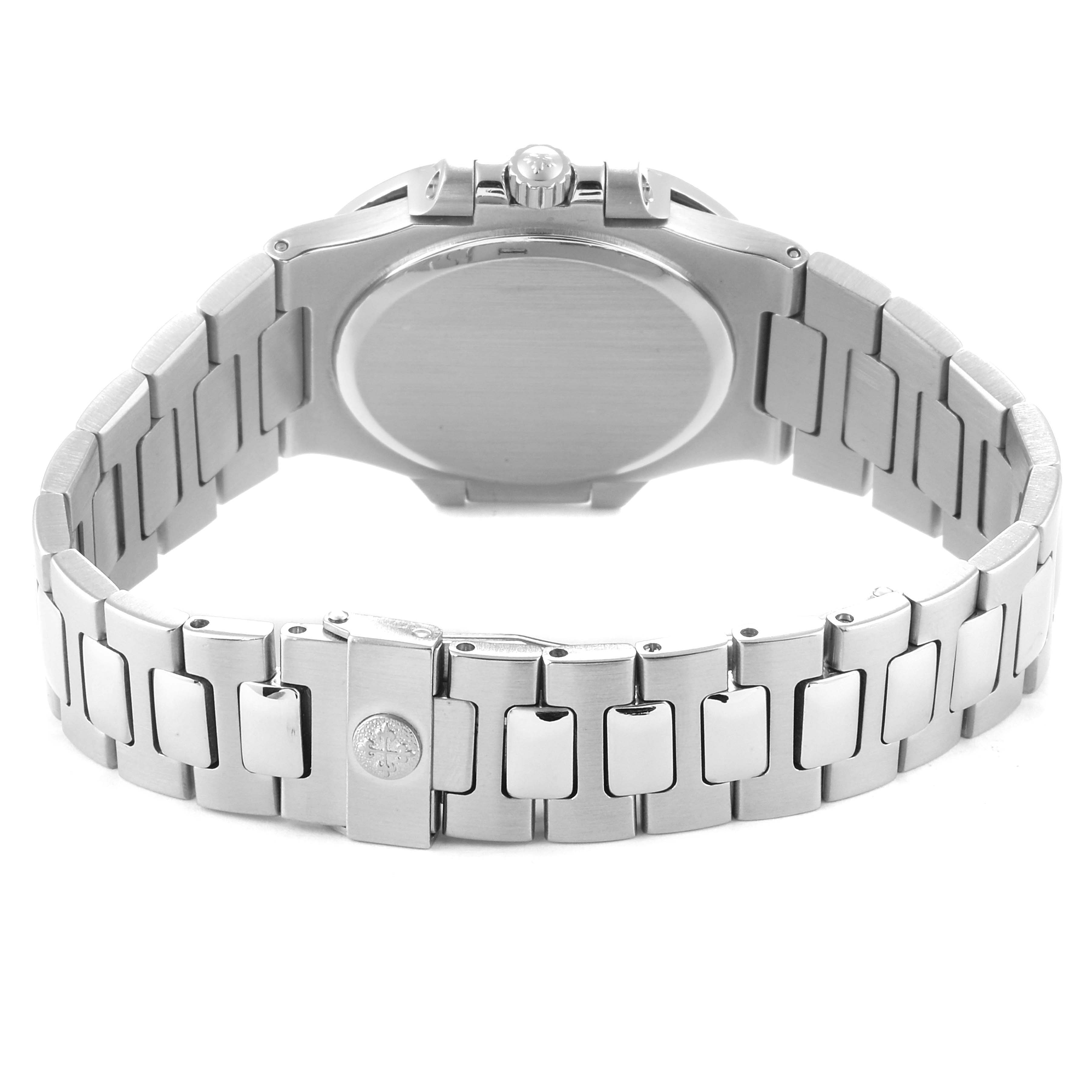 The image shows the back case and bracelet of a Patek Philippe Nautilus 3800/1 Men's Stainless Steel Black Dial 3800/1 Men's Stainless Steel Black Dial watch from a rear angle.