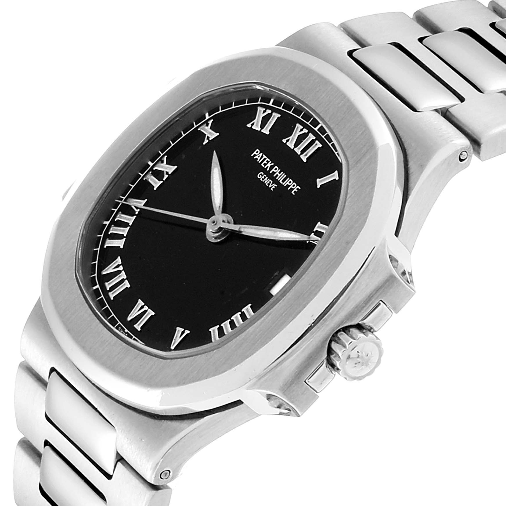 The Patek Philippe Nautilus 3800/1 Men's Stainless Steel Black Dial 3800/1 Men's Stainless Steel Black Dial watch is shown at an angle highlighting its face, bezel, and part of the band.