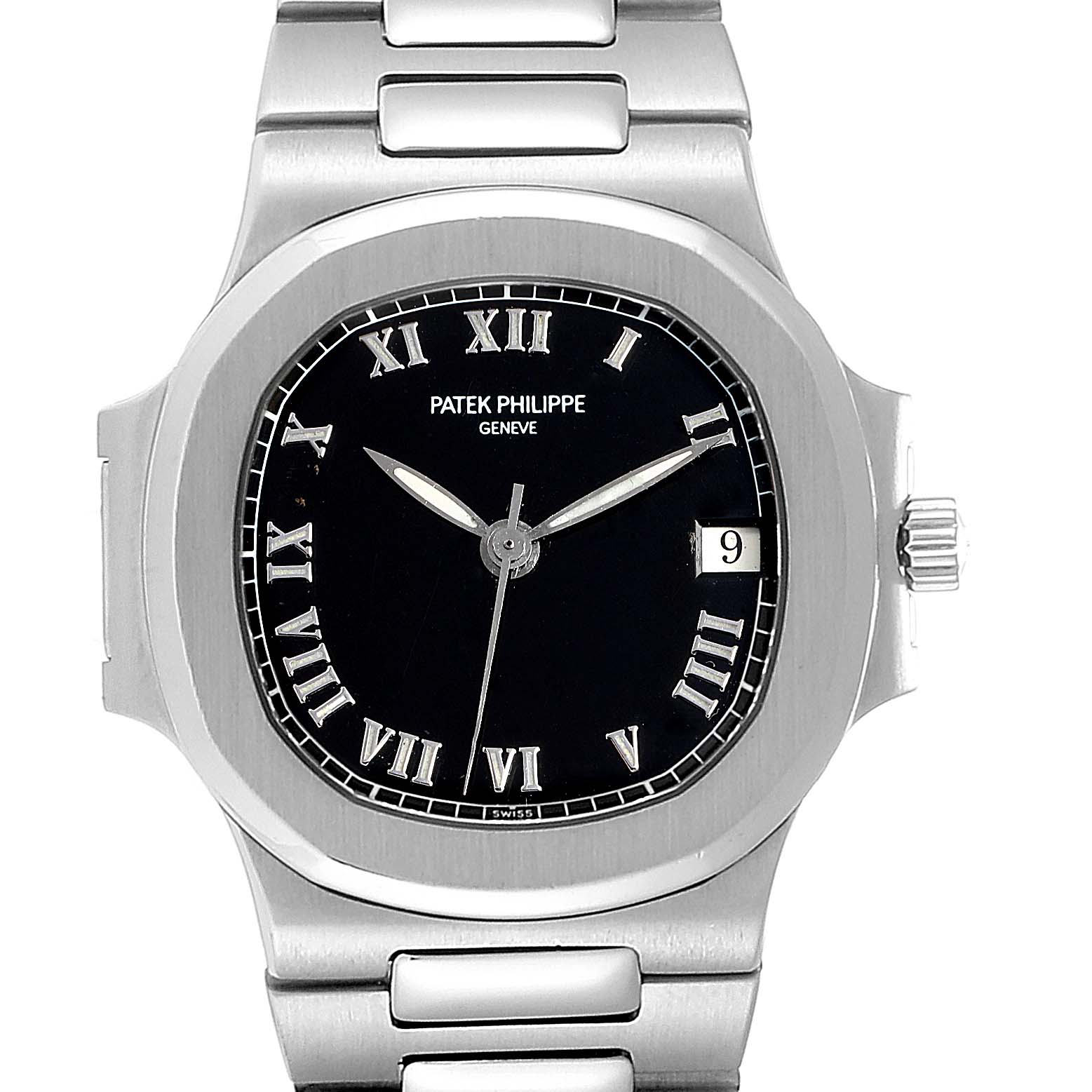 This image shows a front view of the Patek Philippe Nautilus 3800/1 Men's Stainless Steel Black Dial 3800/1 Men's Stainless Steel Black Dial watch, displaying the dial, case, bracelet, and crown.