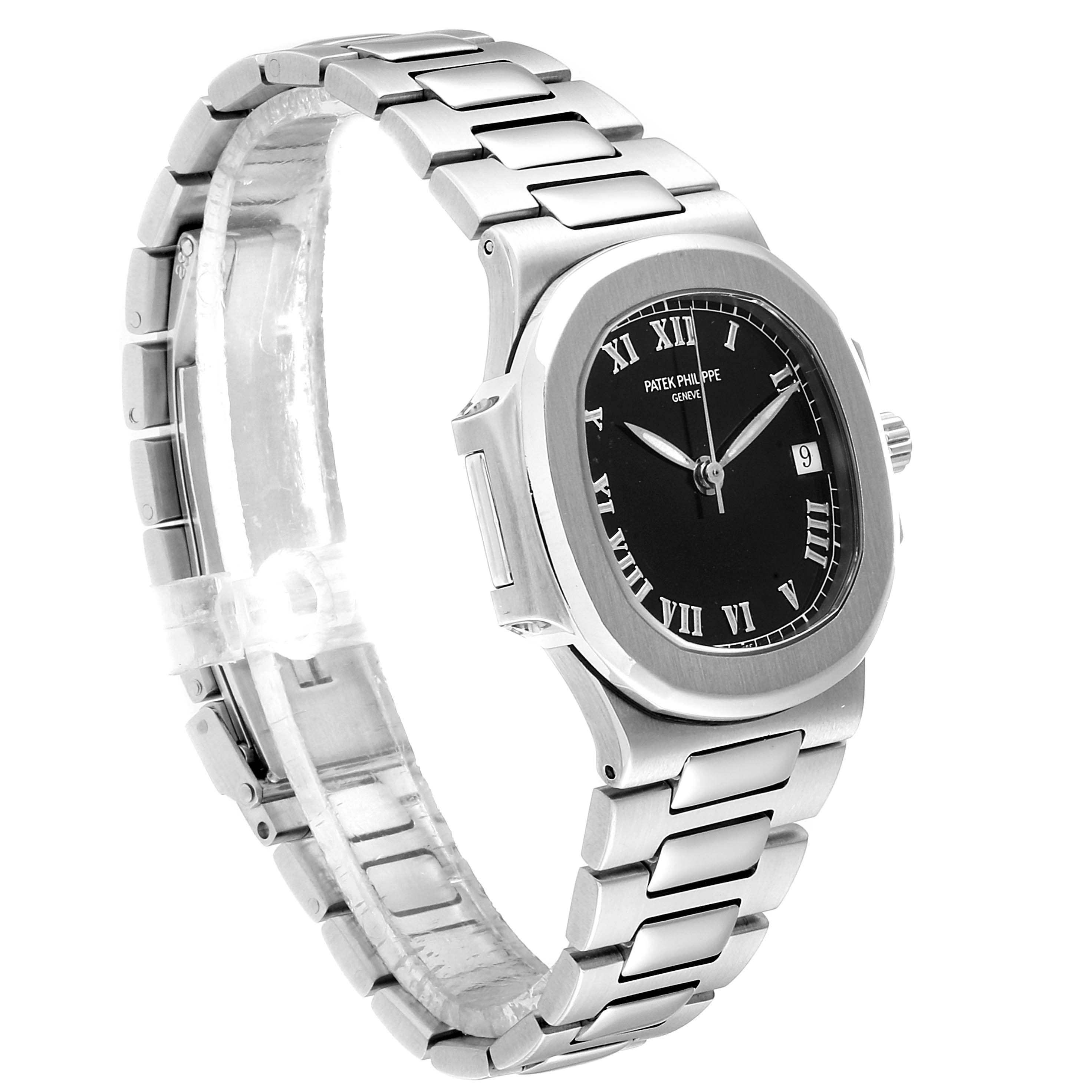 The image shows a side-angle view of a Patek Philippe Nautilus 3800/1 Men's Stainless Steel Black Dial 3800/1 Men's Stainless Steel Black Dial watch displaying the bracelet, dial, and bezel.