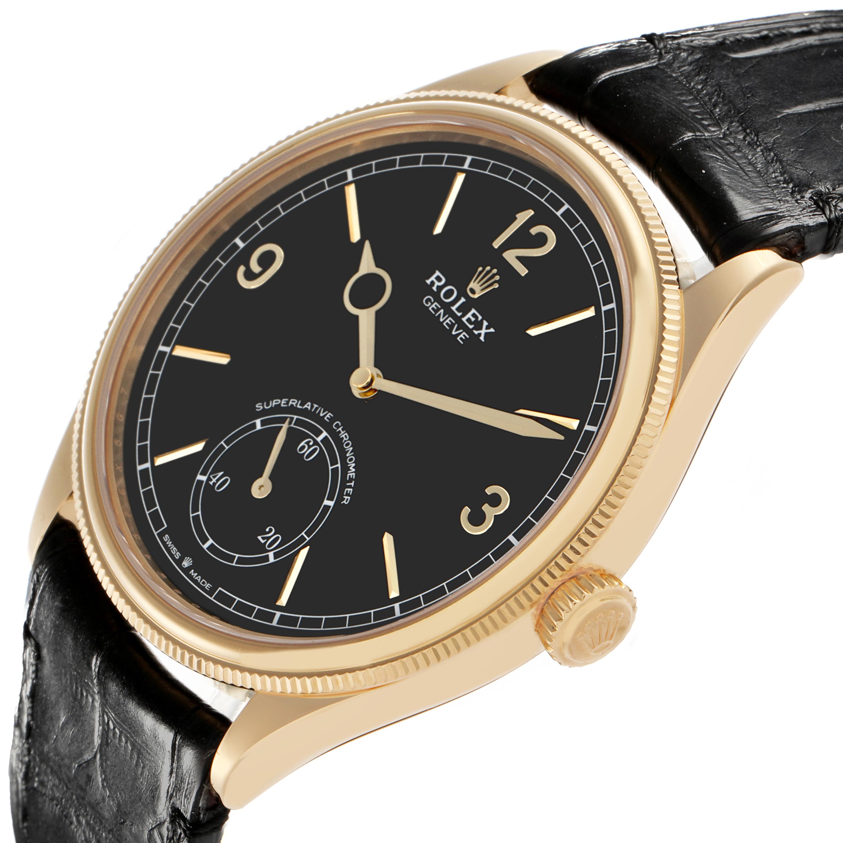 The Rolex 1908 52508-0002 Men
s Yellow Gold Black Dial 52508-0002 Men
s Yellow Gold Black Dial model is shown at a slight angle, displaying the dial, crown, and part of the strap.