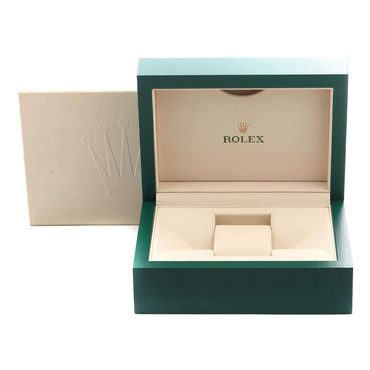 The image shows an open Rolex box for the 1908 model, featuring the brand logo inside, with a beige and green color scheme.