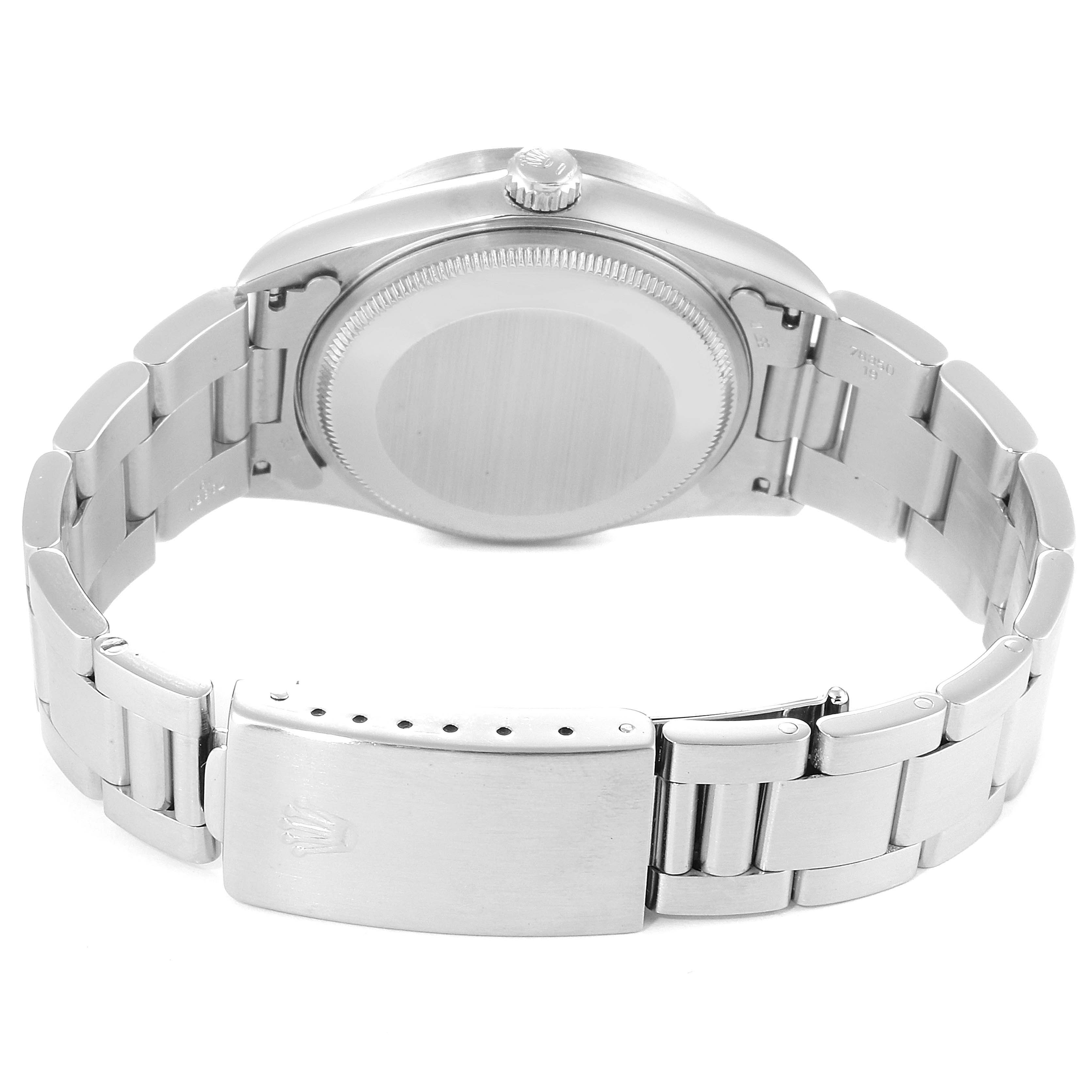 This image shows the back of the Rolex Air-King 14010 Men's Stainless Steel Blue Dial 14010 Men's Stainless Steel Blue Dial watch, focusing on the case back, bracelet, and clasp.