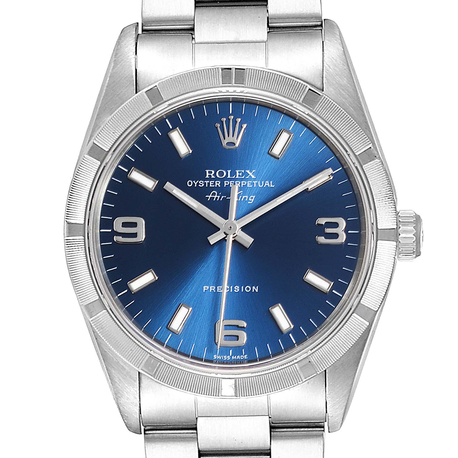 The image shows a front view of the Rolex Air-King 14010 Men's Stainless Steel Blue Dial 14010 Men's Stainless Steel Blue Dial watch, highlighting the blue dial, markers, crown, and metallic bracelet.