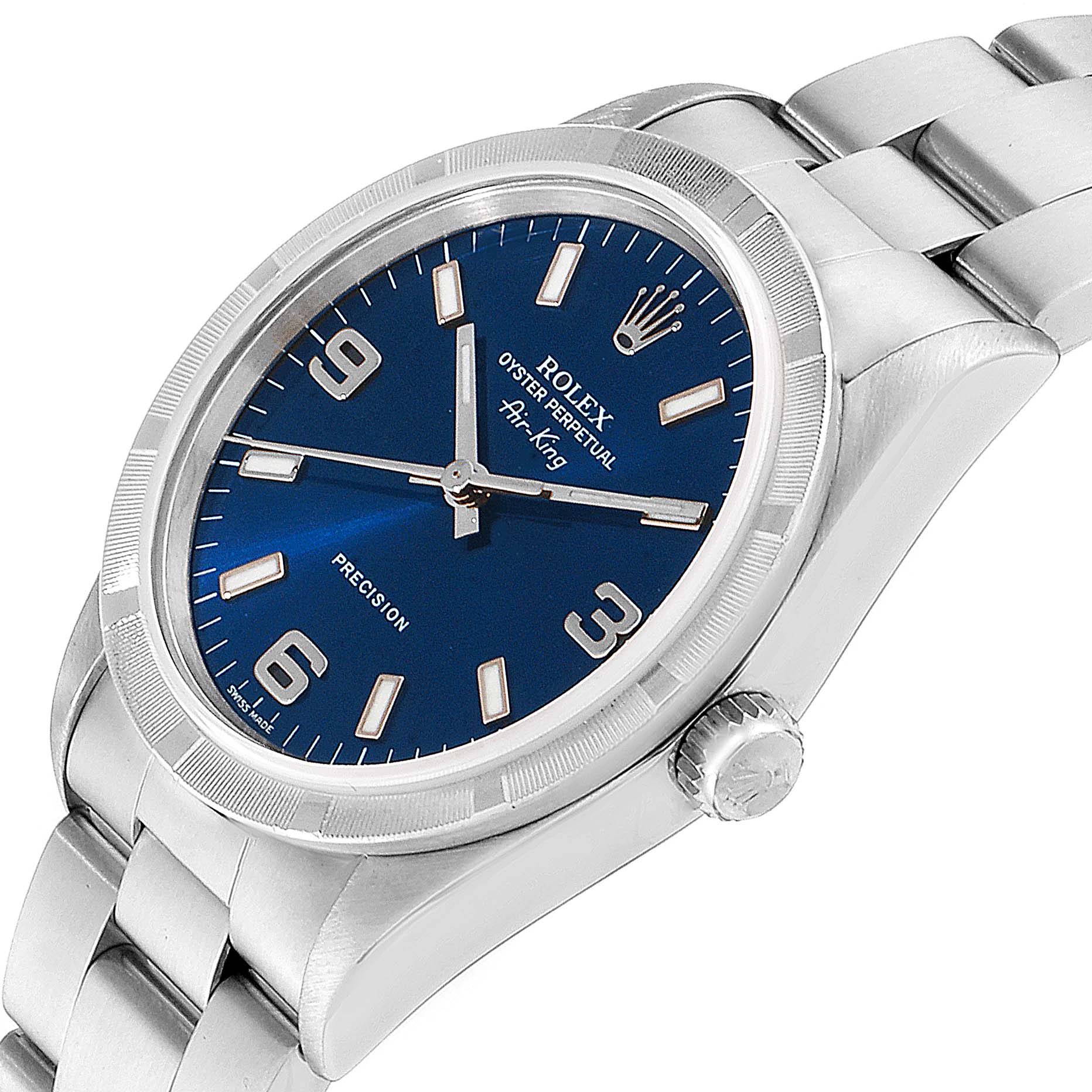 The image shows a Rolex Air-King 14010 Men's Stainless Steel Blue Dial 14010 Men's Stainless Steel Blue Dial watch angled slightly from the side, displaying its dial, bezel, crown, and bracelet.
