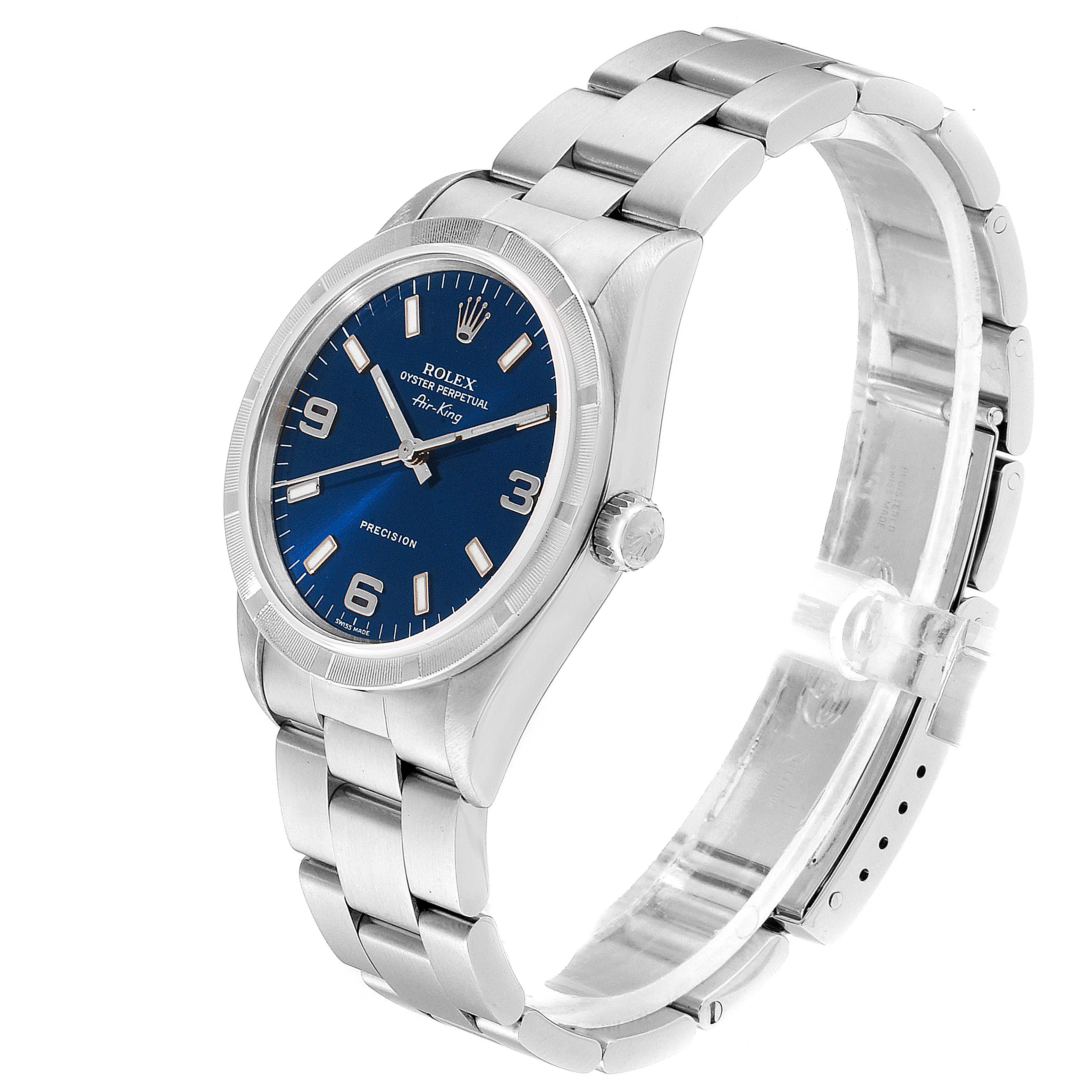 The Rolex Air-King 14010 Men's Stainless Steel Blue Dial 14010 Men's Stainless Steel Blue Dial watch is shown at an angled side view, displaying the dial, bracelet, and case.
