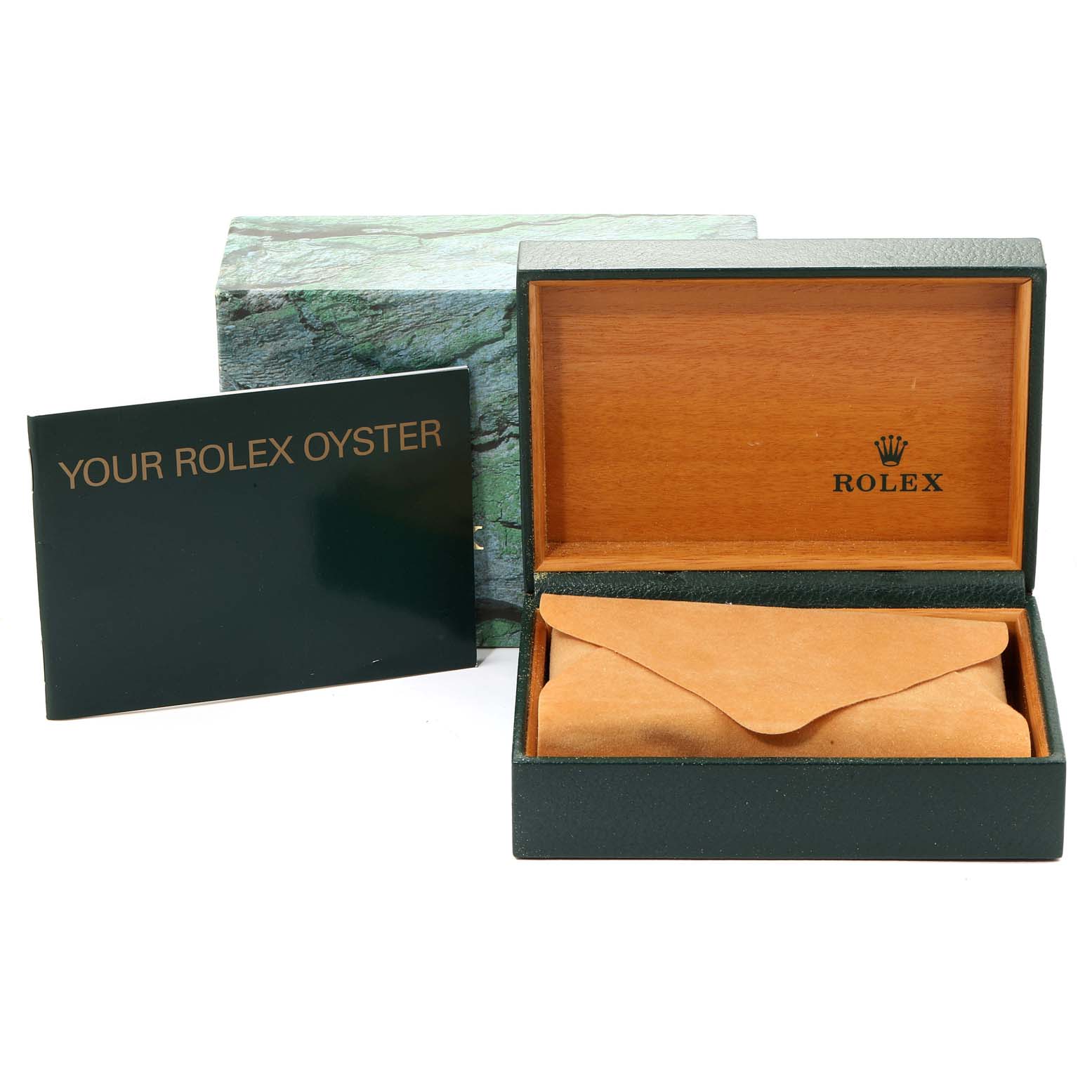 The image shows a Rolex Air-King 14010 Men's Stainless Steel Blue Dial 14010 Men's Stainless Steel Blue Dial watch box with its outer box, wooden inner box, and accompanying booklet.