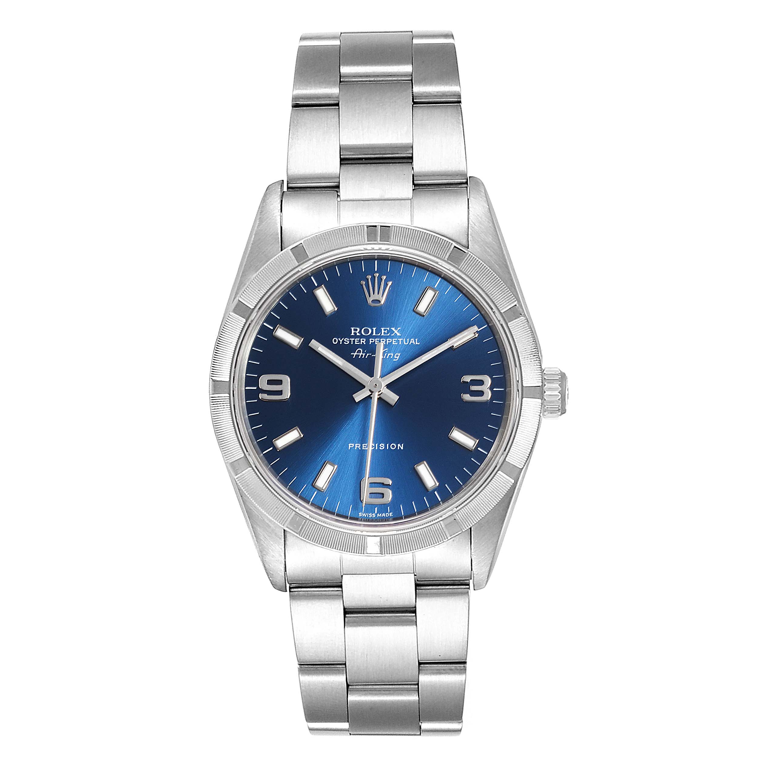 The image shows a front view of a Rolex Air-King 14010 Men's Stainless Steel Blue Dial 14010 Men's Stainless Steel Blue Dial watch, highlighting its blue dial, silver hands, and stainless steel bracelet.