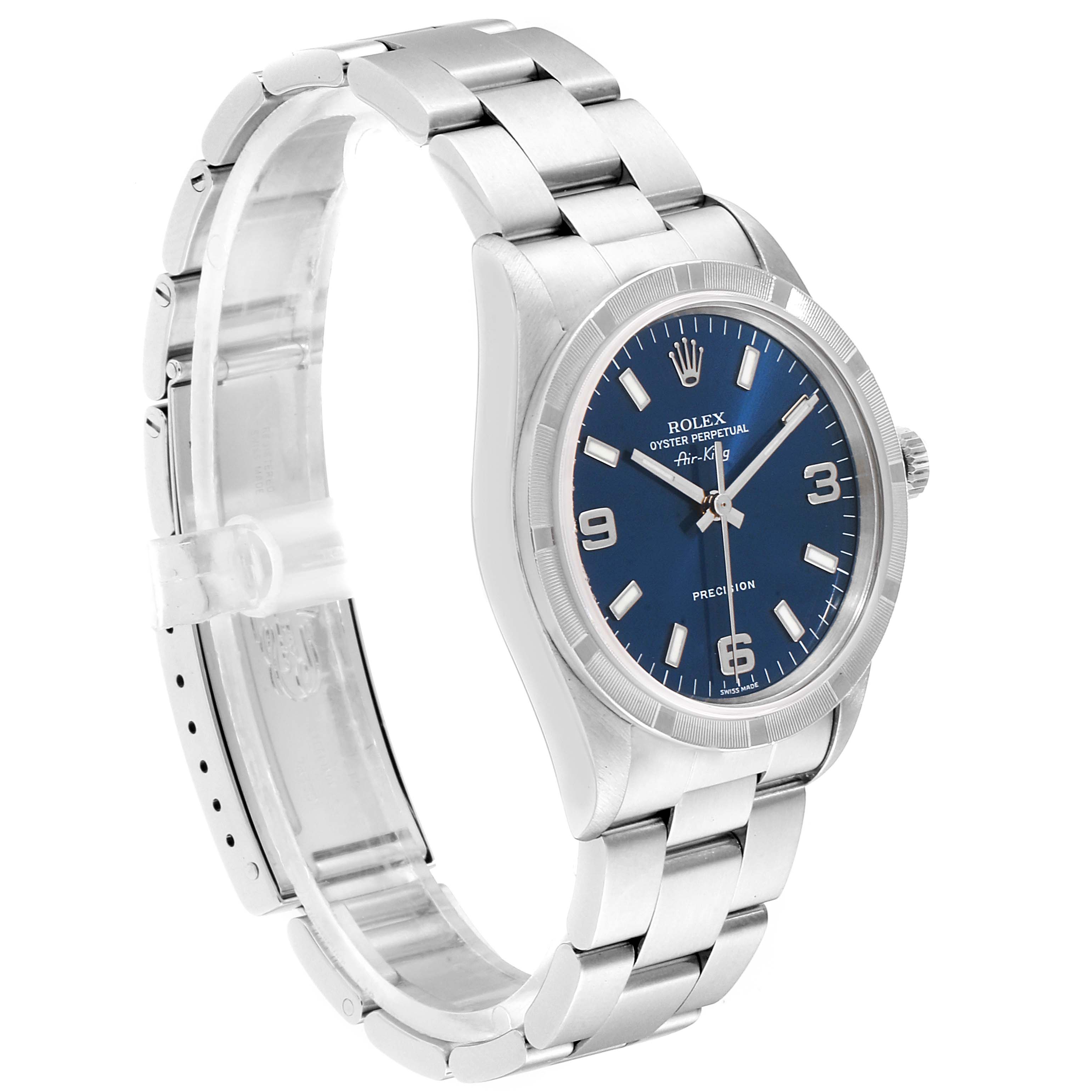 The image shows a side view of a Rolex Air-King 14010 Men's Stainless Steel Blue Dial 14010 Men's Stainless Steel Blue Dial watch, highlighting its bracelet, case, and blue dial.
