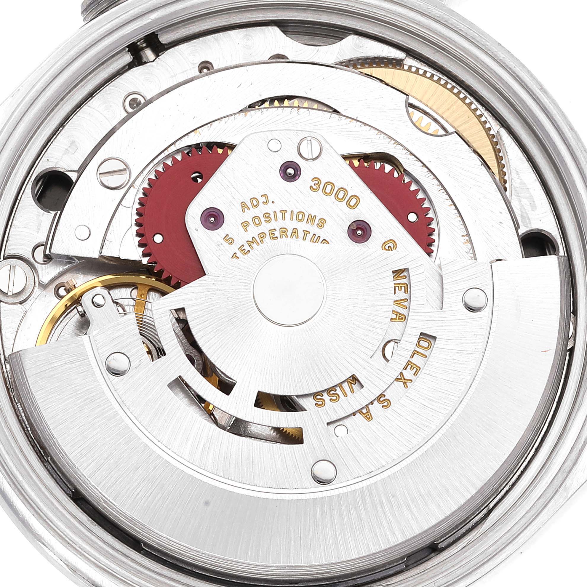 The image shows an internal close-up view of the Rolex Air-King 14000 Men's Stainless Steel Black Dial 14000 Men's Stainless Steel Black Dial watch movement and mechanism.