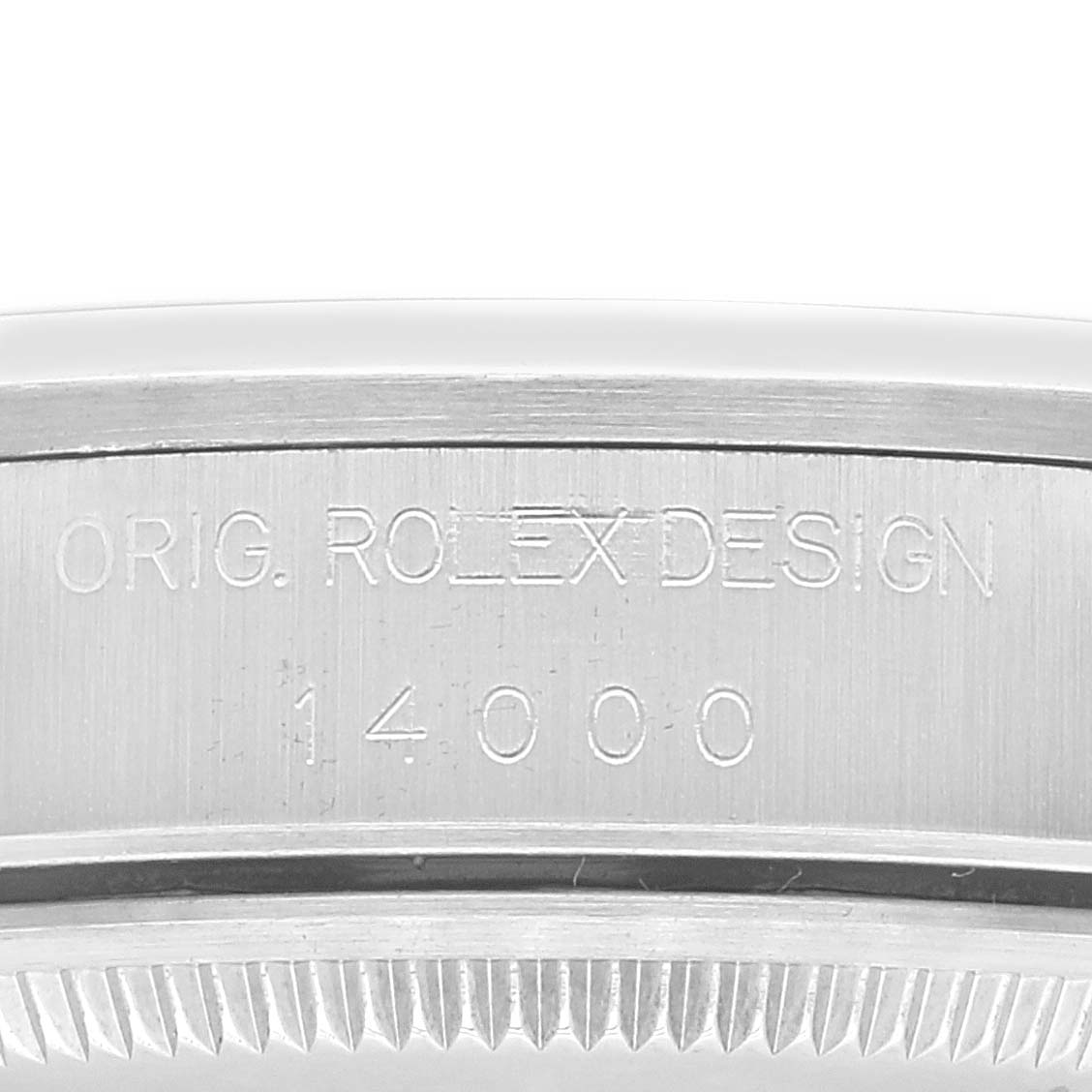 The image shows a close-up view of the case side and bezel of the Rolex Air-King 14000 Men's Stainless Steel Black Dial 14000 Men's Stainless Steel Black Dial, focusing on the engraved model number 14000.