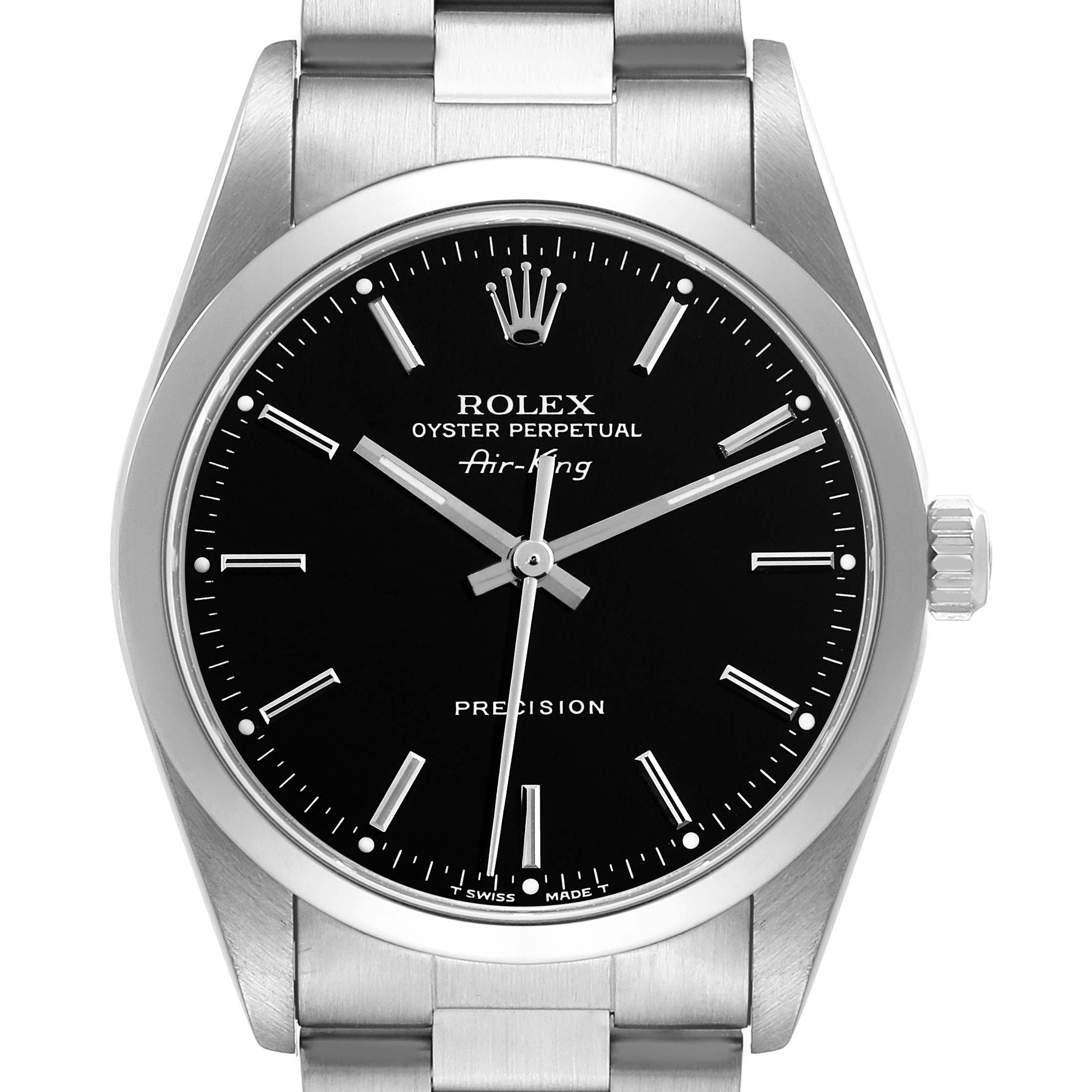 The image shows a front view of a Rolex Air-King 14000 Men's Stainless Steel Black Dial 14000 Men's Stainless Steel Black Dial watch, highlighting its black dial, stainless steel case, and bracelet.