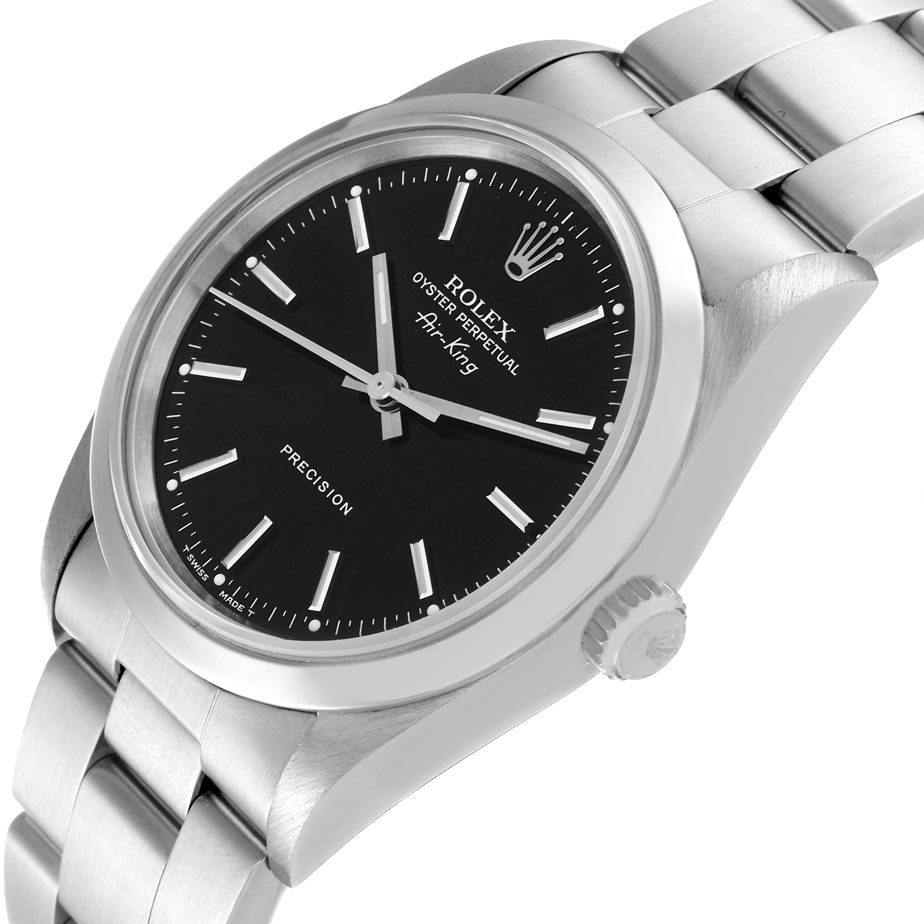 The Rolex Air-King 14000 Men's Stainless Steel Black Dial 14000 Men's Stainless Steel Black Dial model is shown from an angled view, displaying the face, bezel, crown, and part of the bracelet.