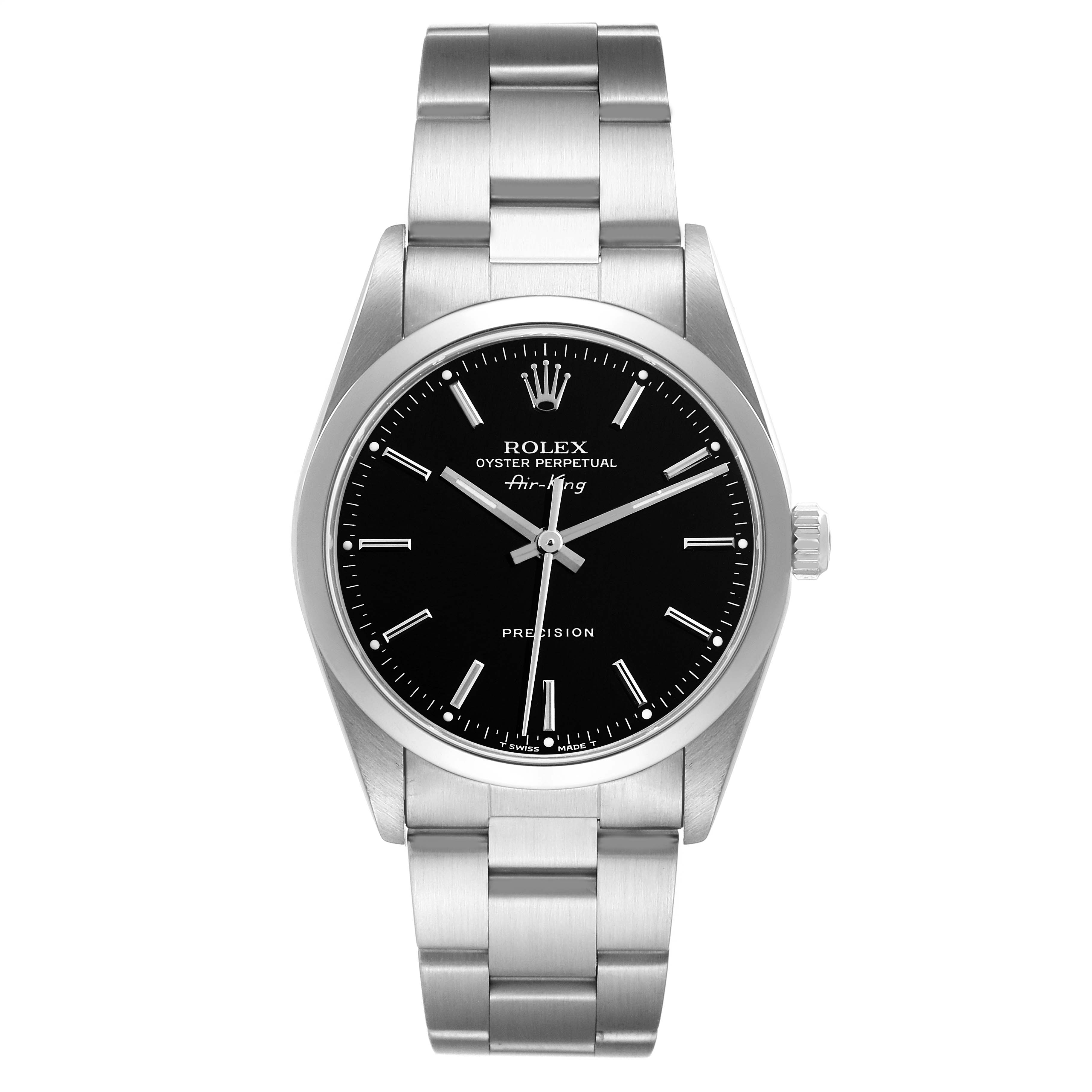 The image shows a front view of the Rolex Air-King 14000 Men's Stainless Steel Black Dial 14000 Men's Stainless Steel Black Dial watch, displaying the dial, hands, bezel, bracelet, and crown.