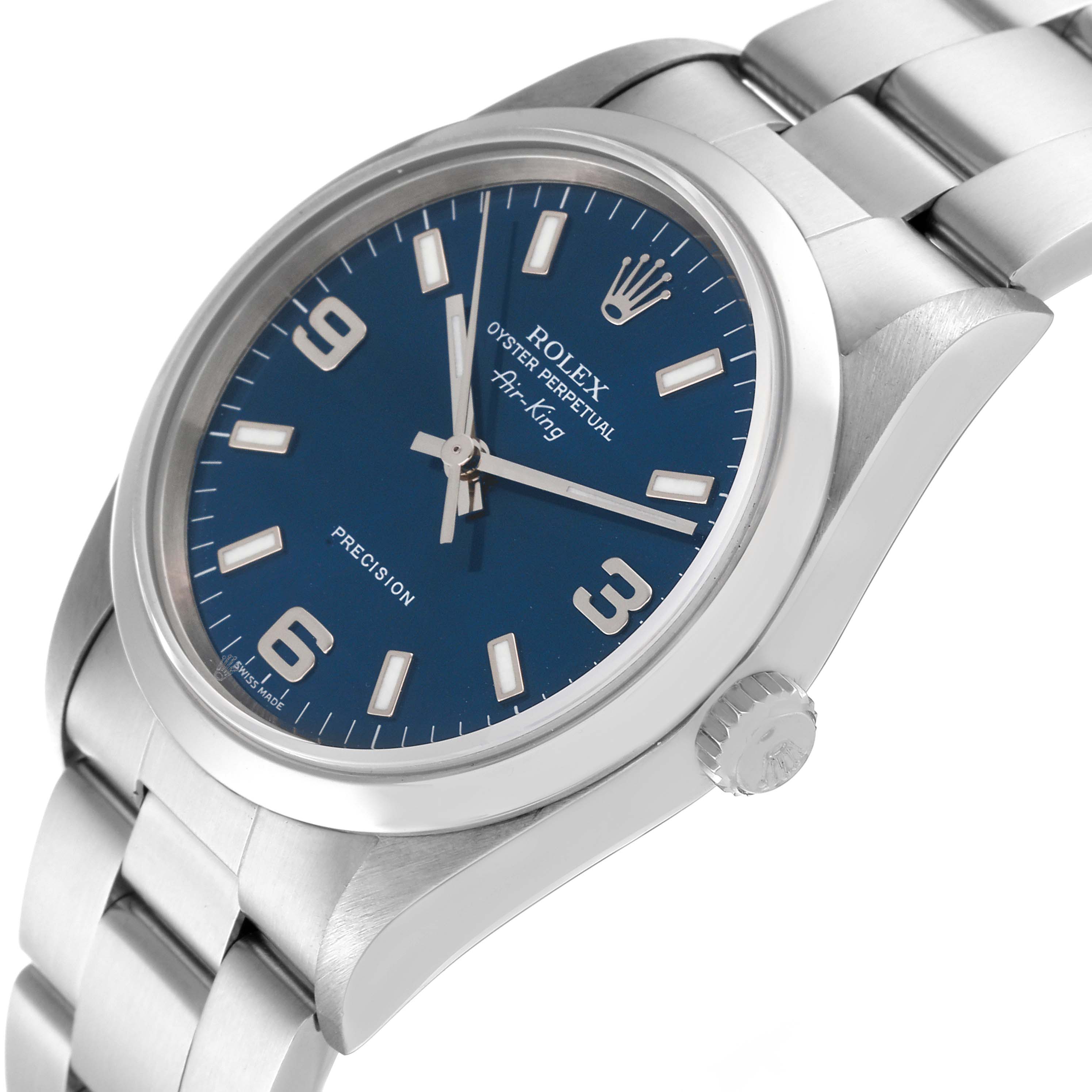 The image shows a close-up, angled view of the Rolex Air-King 14000 Men's Stainless Steel Blue Dial 14000 Men's Stainless Steel Blue Dial watch, highlighting the dial, bezel, and part of the bracelet.
