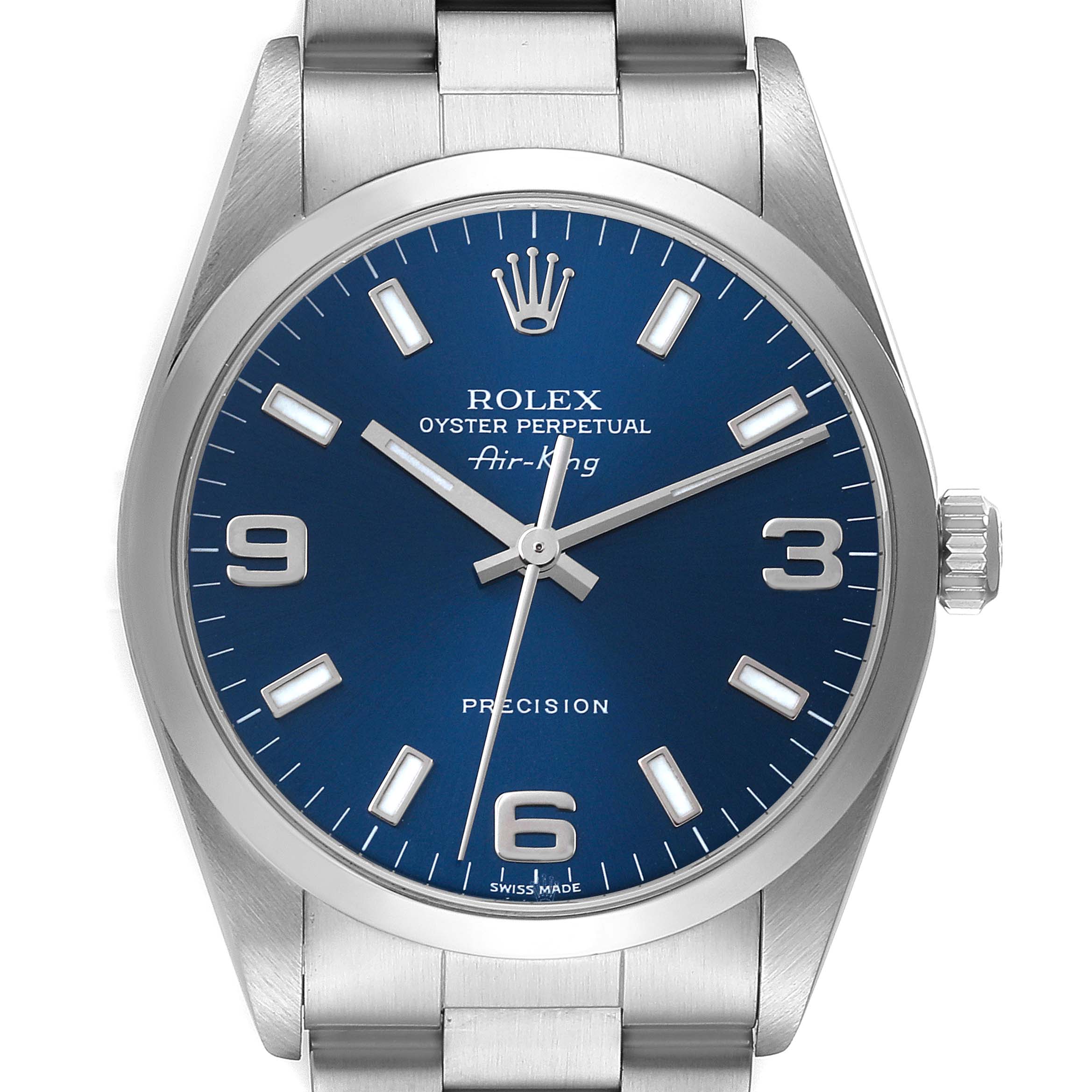 The Rolex Air-King 14000 Men's Stainless Steel Blue Dial 14000 Men's Stainless Steel Blue Dial watch is shown from the front, highlighting the blue dial, hour markers, hands, crown, and part of the bracelet.