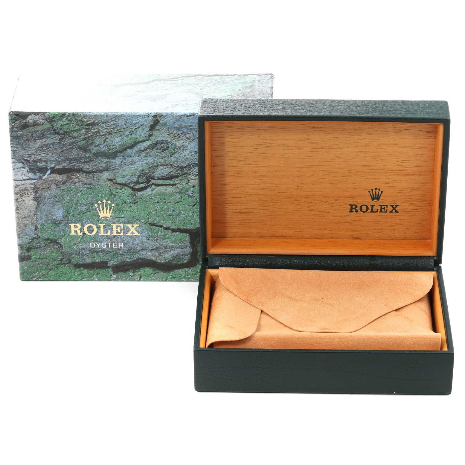 The image shows the packaging for a Rolex Air-King 14000 Men's Stainless Steel Blue Dial 14000 Men's Stainless Steel Blue Dial, including the box and a leather pouch.