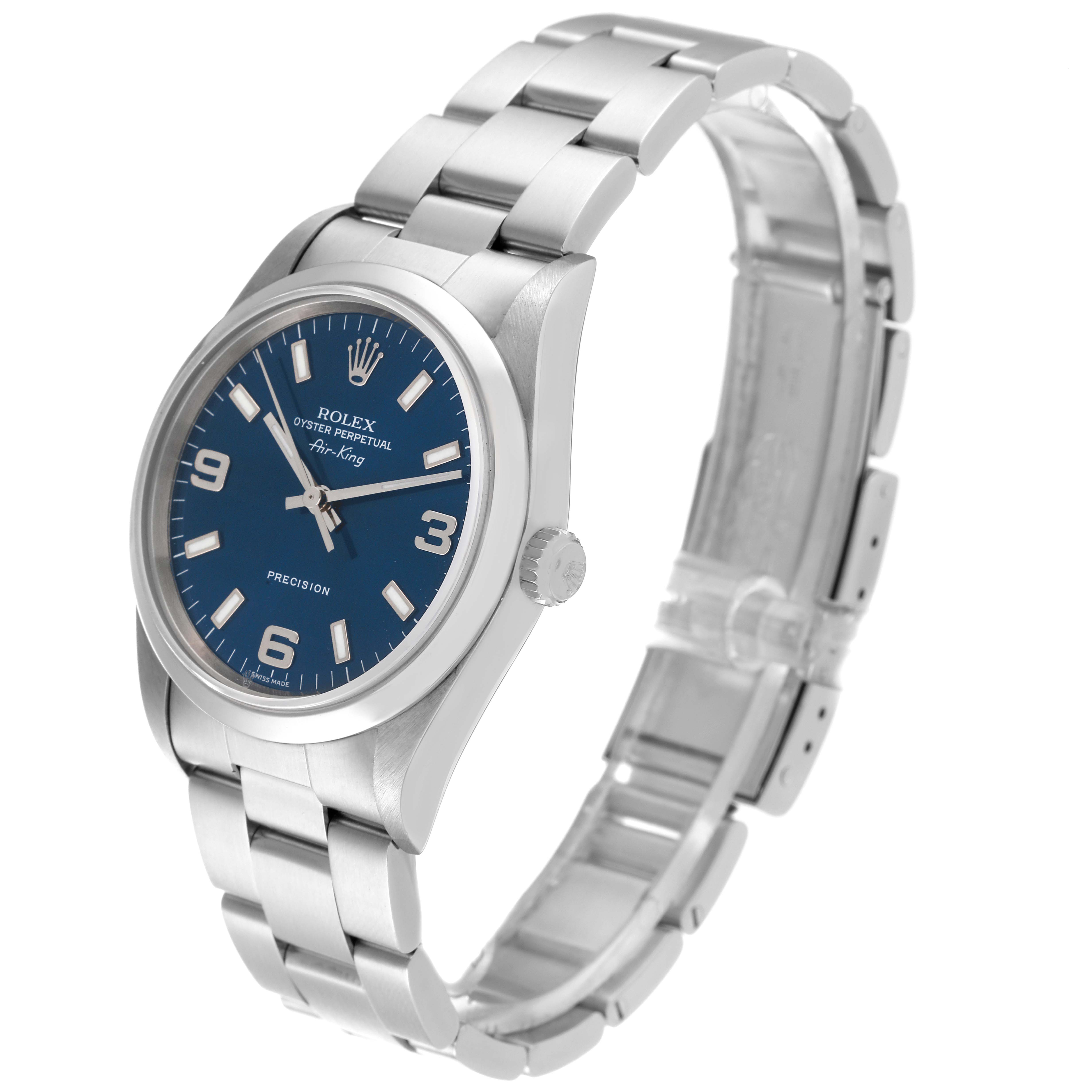 This Rolex Air-King 14000 Men's Stainless Steel Blue Dial 14000 Men's Stainless Steel Blue Dial model is shown from an oblique angle, displaying the face, bezel, crown, and part of the bracelet.