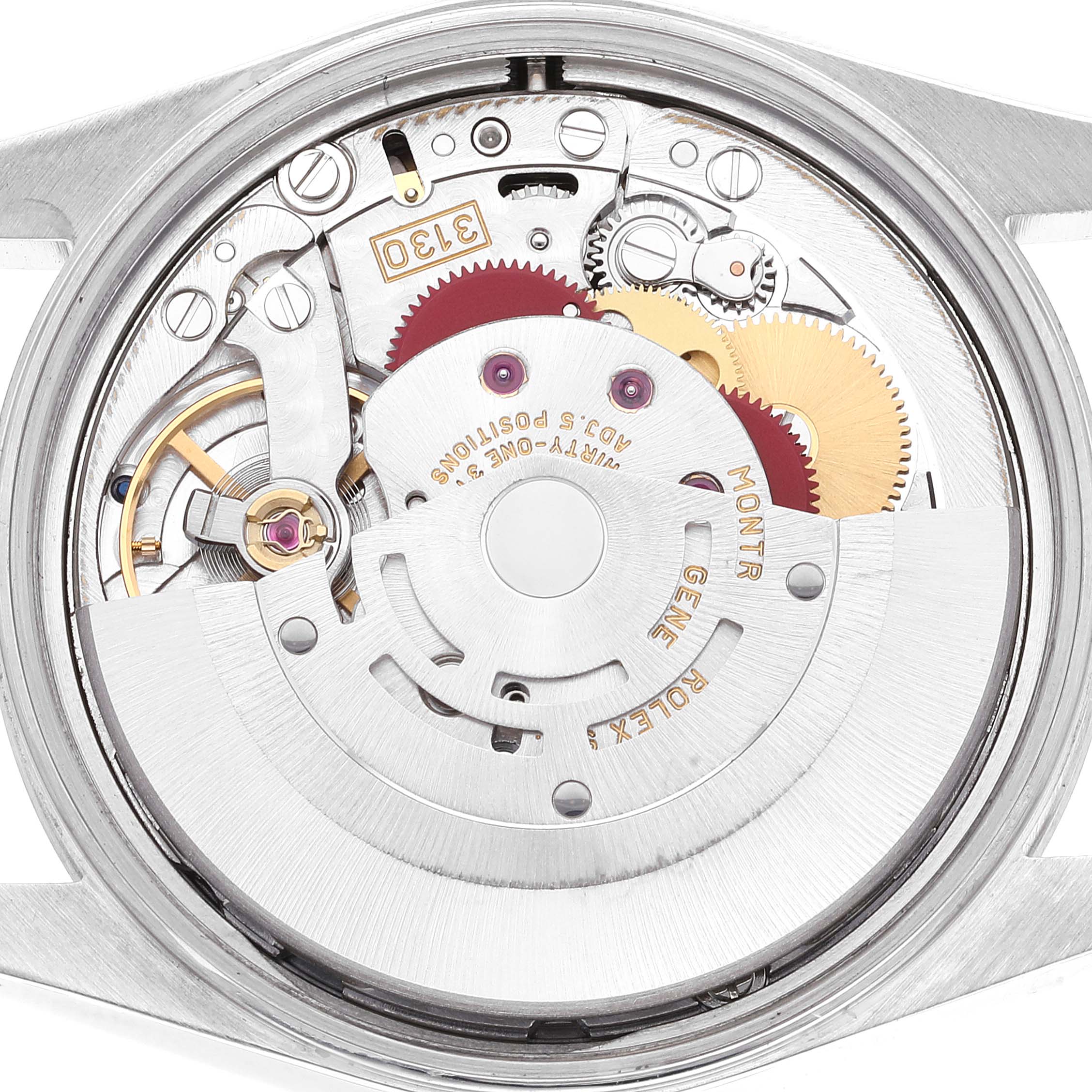 This image shows the internal mechanism of a Rolex Air-King 14000 Men's Stainless Steel Blue Dial 14000 Men's Stainless Steel Blue Dial watch from a rear angle with the case back removed, revealing gears and components.