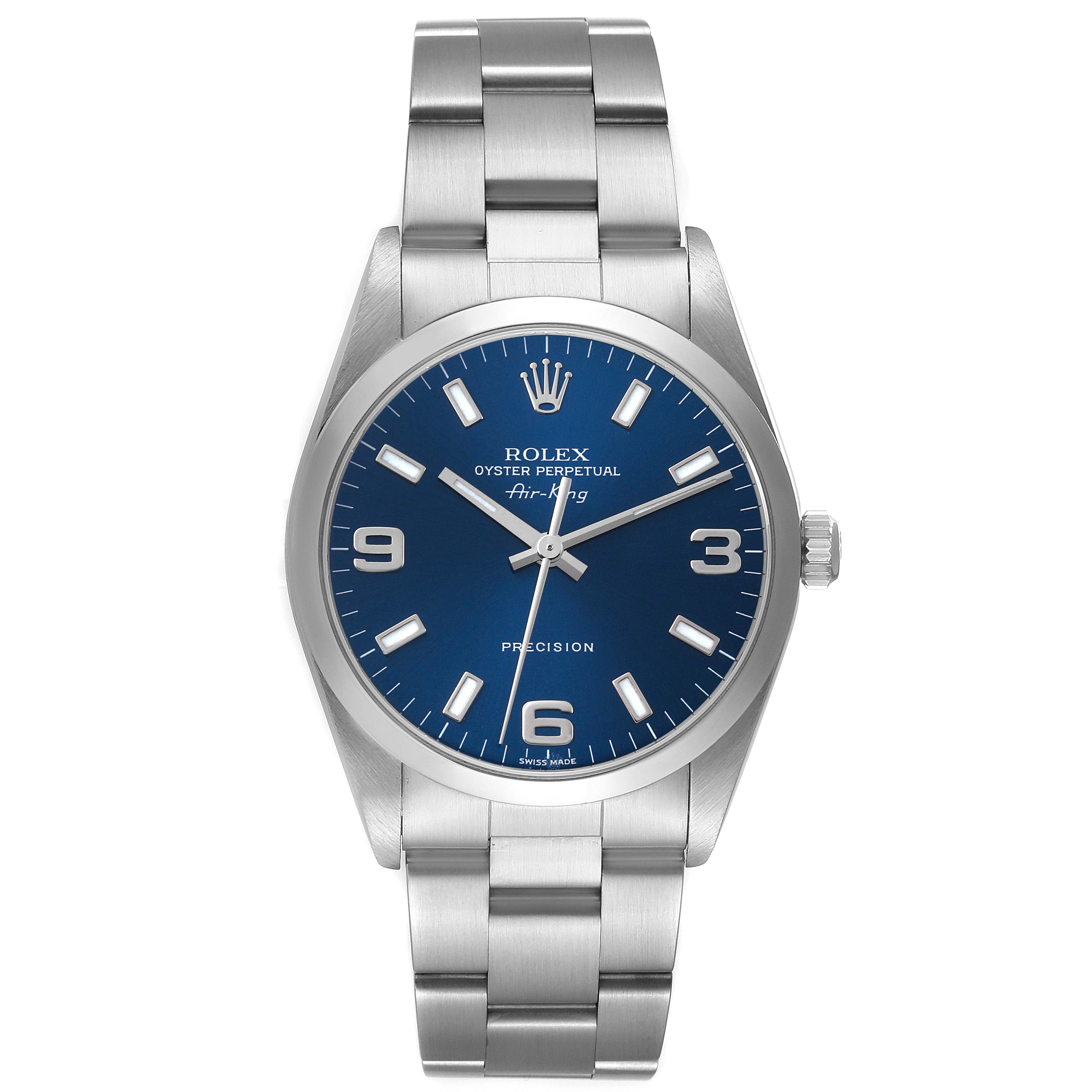 The image shows a front view of a Rolex Air-King 14000 Men's Stainless Steel Blue Dial 14000 Men's Stainless Steel Blue Dial watch with a blue dial and a stainless steel bracelet.