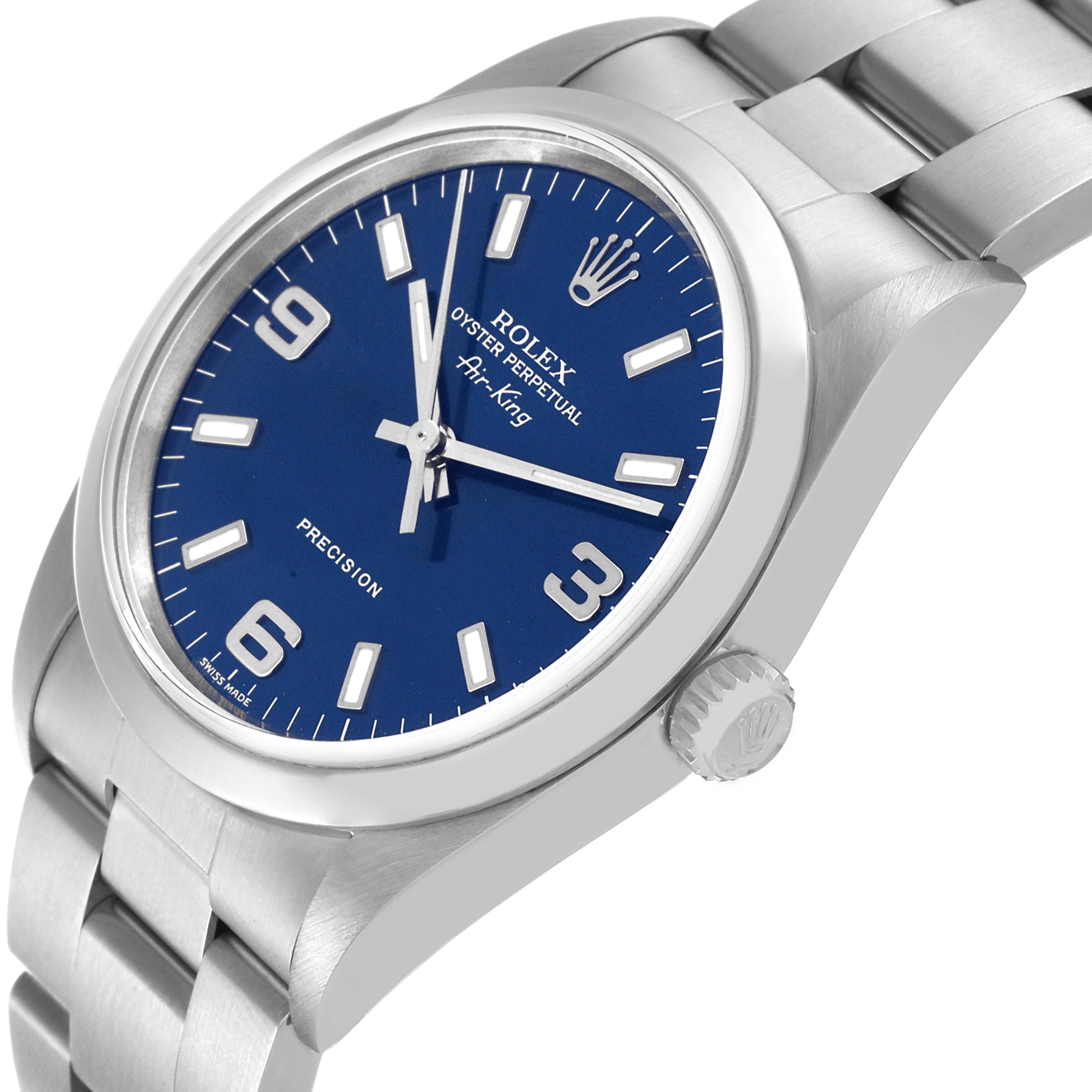 The image shows a Rolex Air-King 14000 Men's Stainless Steel Blue Dial 14000 Men's Stainless Steel Blue Dial watch at an angled view, highlighting the face, crown, and a portion of the bracelet.