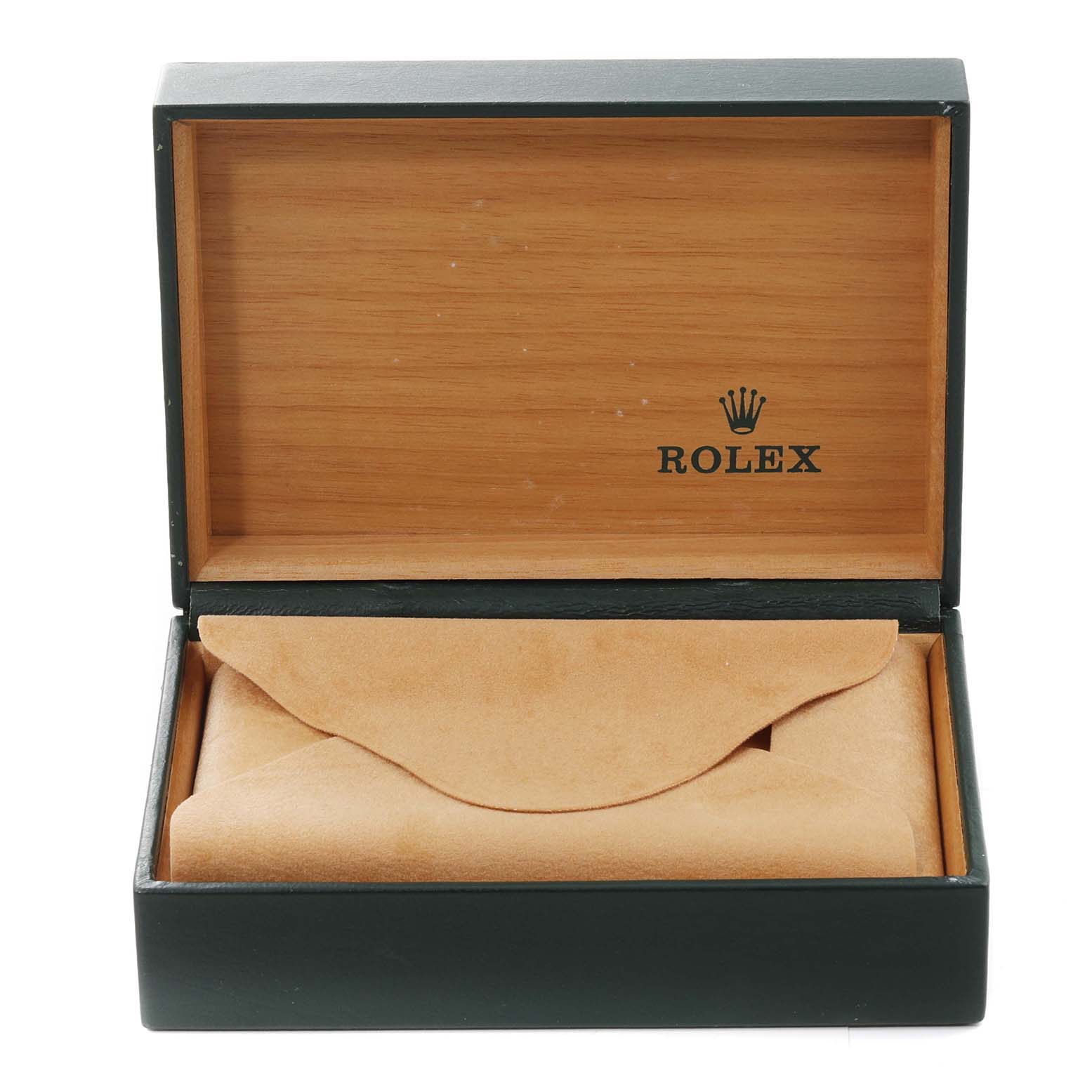 The image shows a Rolex box for the Air-King model, including an open exterior box with an enclosed suede pouch.