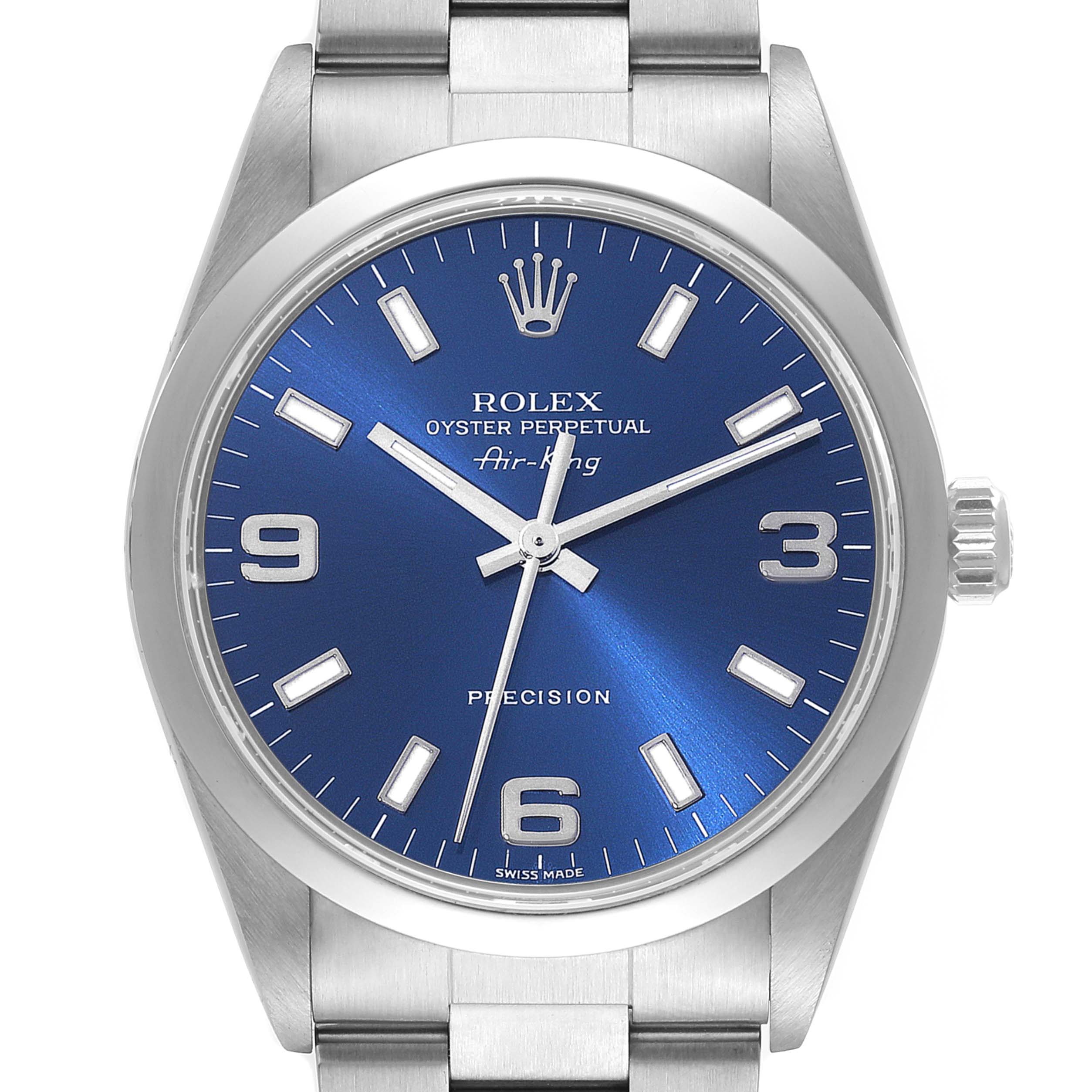 This is a front view of the Rolex Air-King 14000 Men's Stainless Steel Blue Dial 14000 Men's Stainless Steel Blue Dial watch, showcasing its blue dial, hour markers, hands, crown, and part of the bracelet.