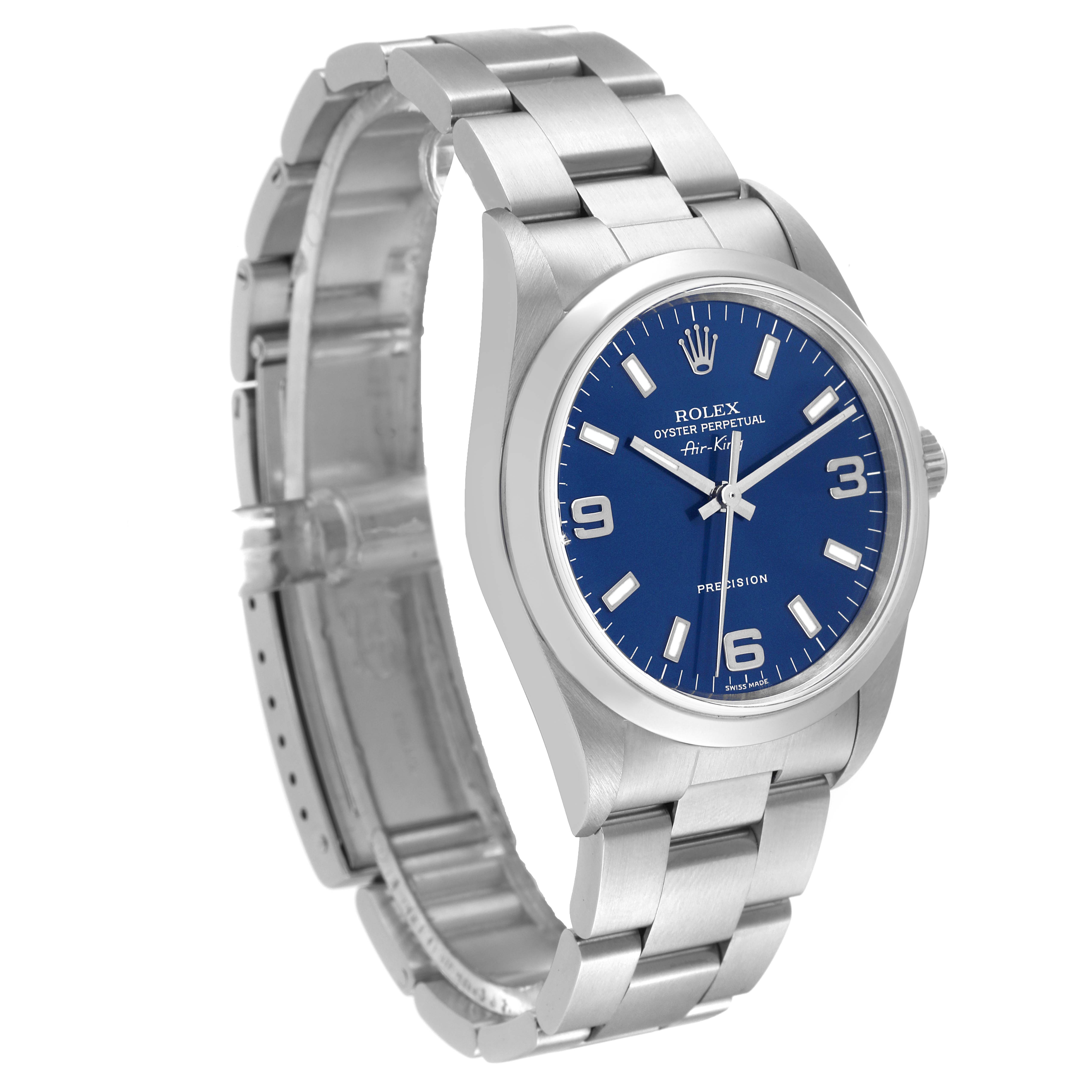 This image shows a Rolex Air-King 14000 Men's Stainless Steel Blue Dial 14000 Men's Stainless Steel Blue Dial watch from a slight side angle, highlighting its blue dial, silver bezel, and metal bracelet.