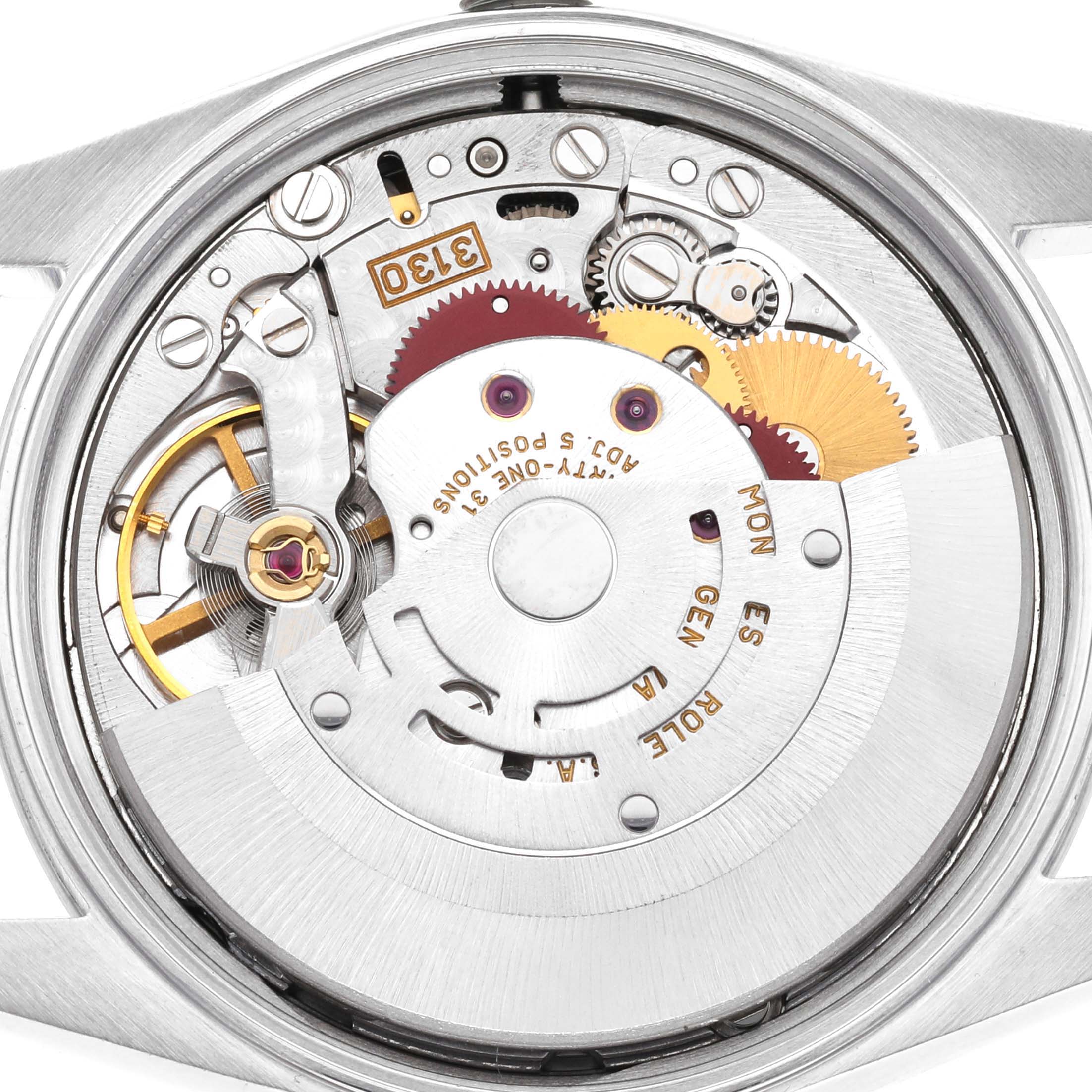 The image shows the internal mechanism and movement of a Rolex Air-King 14000M Men's Stainless Steel Blue Dial 14000M Men's Stainless Steel Blue Dial watch, viewed from the back.
