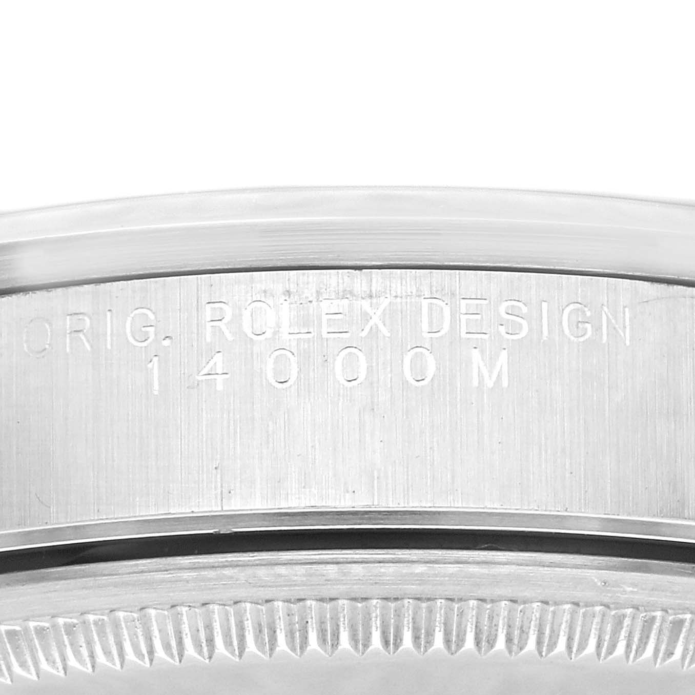 The image shows a close-up view of the case side and bezel of a Rolex Air-King 14000M Men's Stainless Steel Blue Dial 14000M Men's Stainless Steel Blue Dial, highlighting the engraved "ORIG. ROLEX DESIGN" and model number.