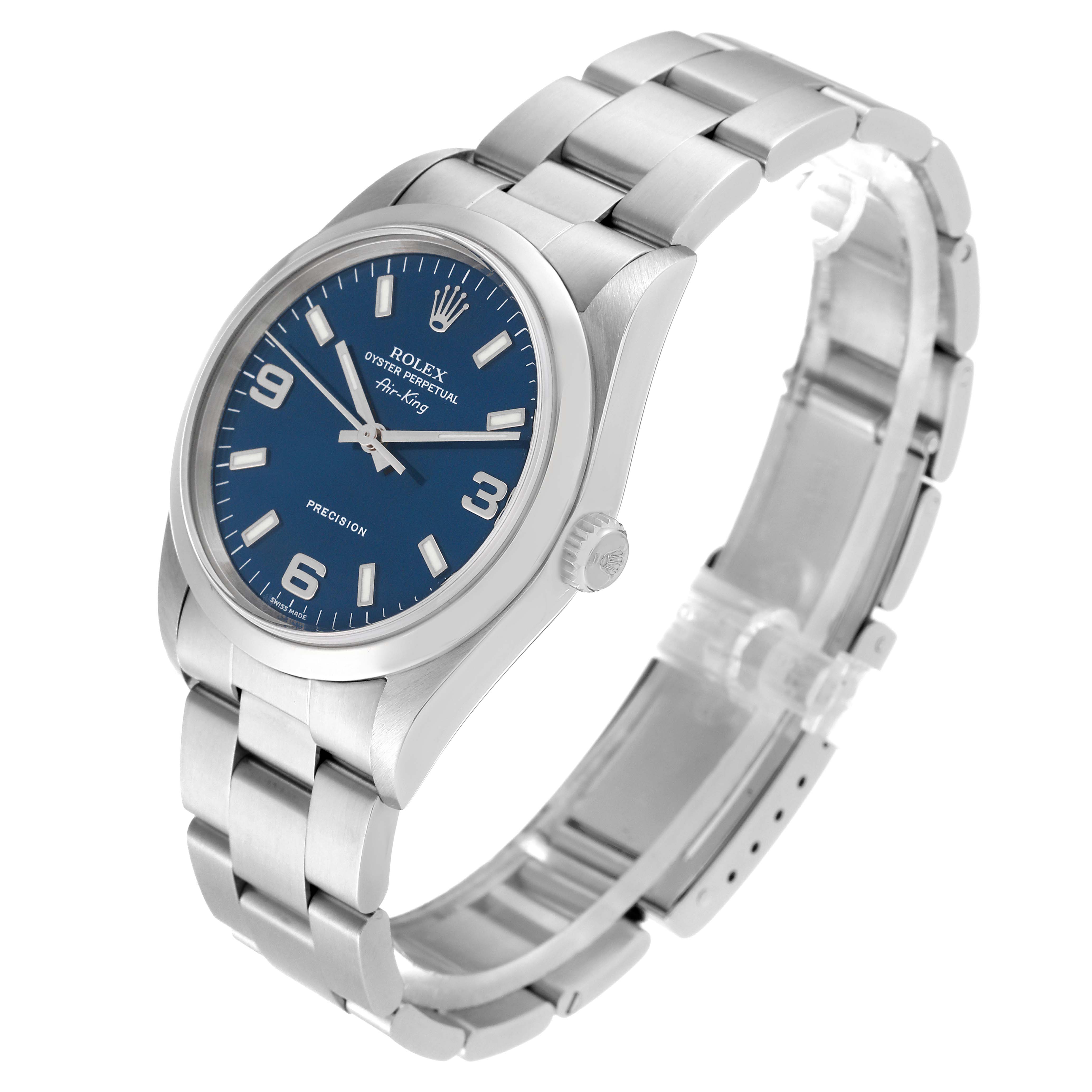 The Rolex Air-King 14000M Men's Stainless Steel Blue Dial 14000M Men's Stainless Steel Blue Dial watch is shown at a slight angle highlighting its blue face, stainless steel case, and bracelet.