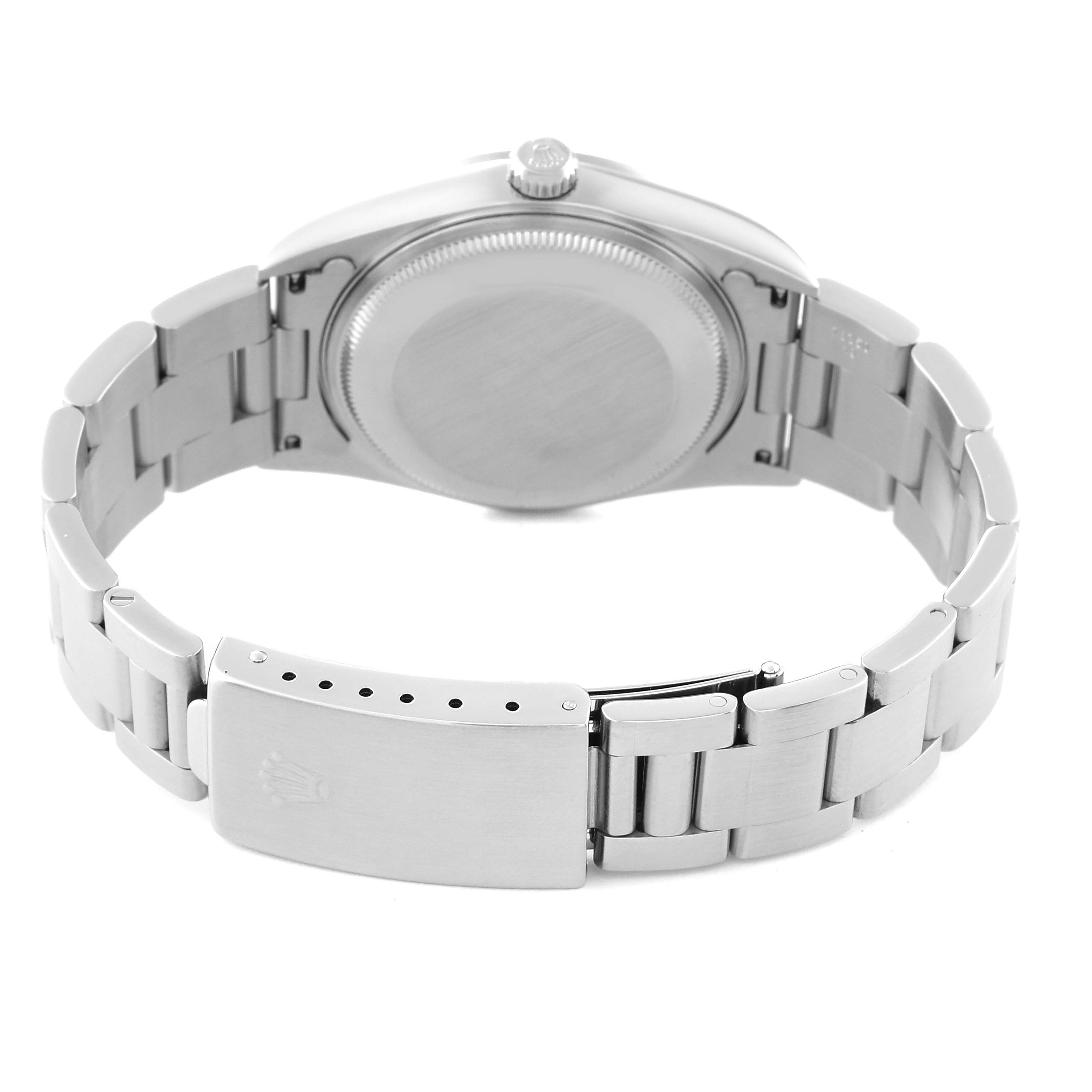 The image shows the back view of a Rolex Air-King 14000M Men's Stainless Steel Blue Dial 14000M Men's Stainless Steel Blue Dial watch, highlighting the clasp, bracelet, and caseback.