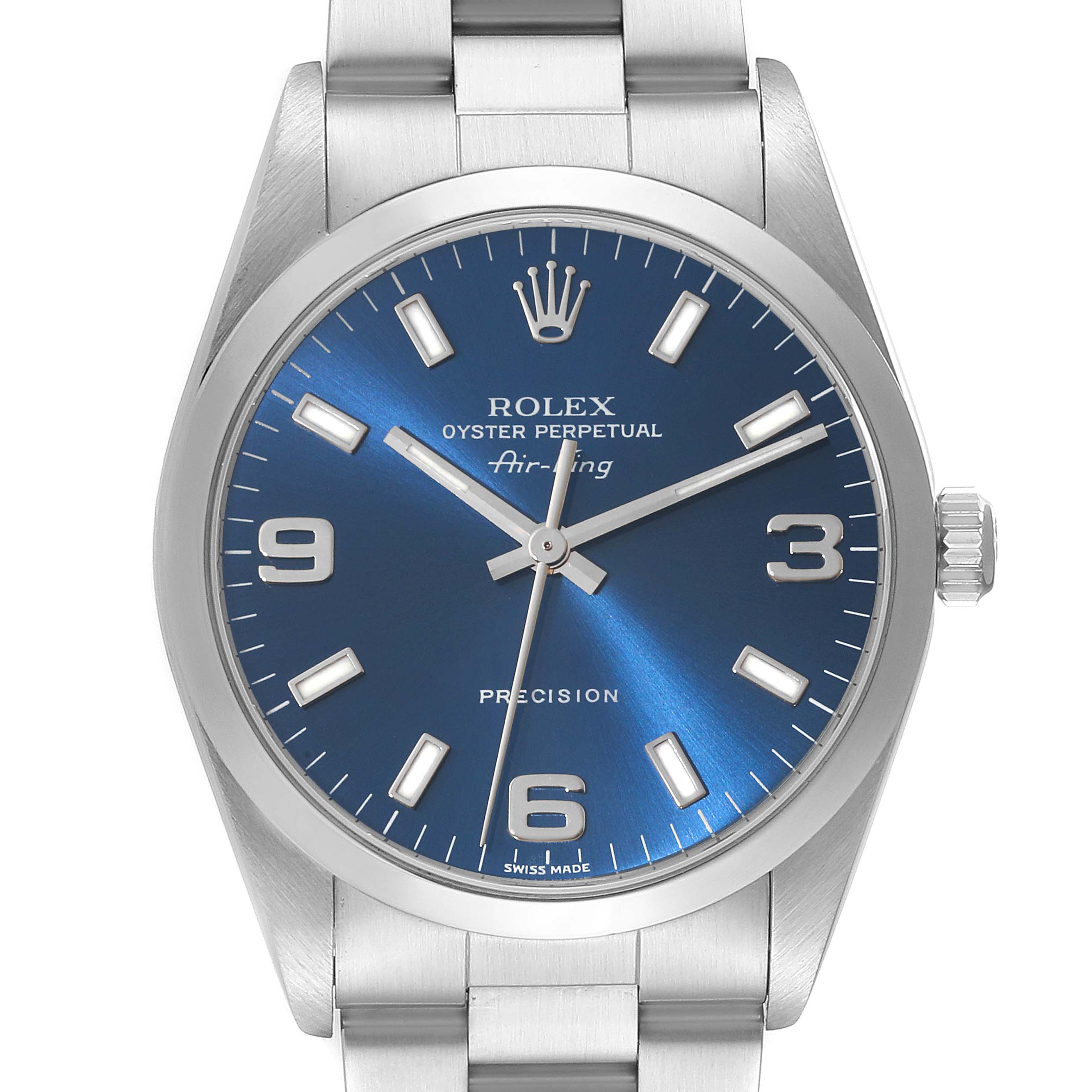 The Rolex Air-King 14000M Men's Stainless Steel Blue Dial 14000M Men's Stainless Steel Blue Dial watch is shown at a straight-on angle, displaying the dial, hour markers, hands, crown, and part of the bracelet.