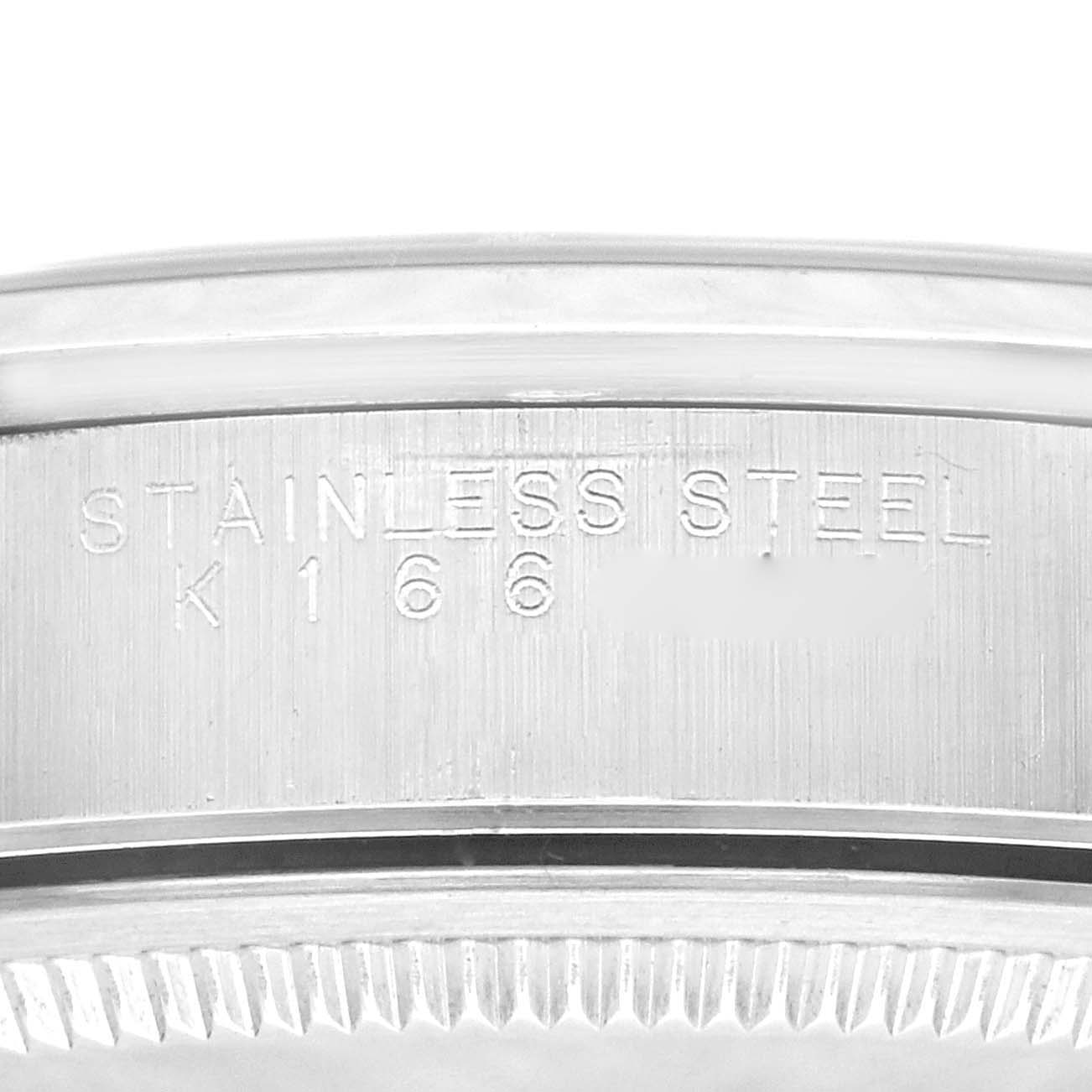 This close-up image shows the stainless steel casing with engraved text of the Rolex Air-King 14000M Men's Stainless Steel Blue Dial 14000M Men's Stainless Steel Blue Dial watch.