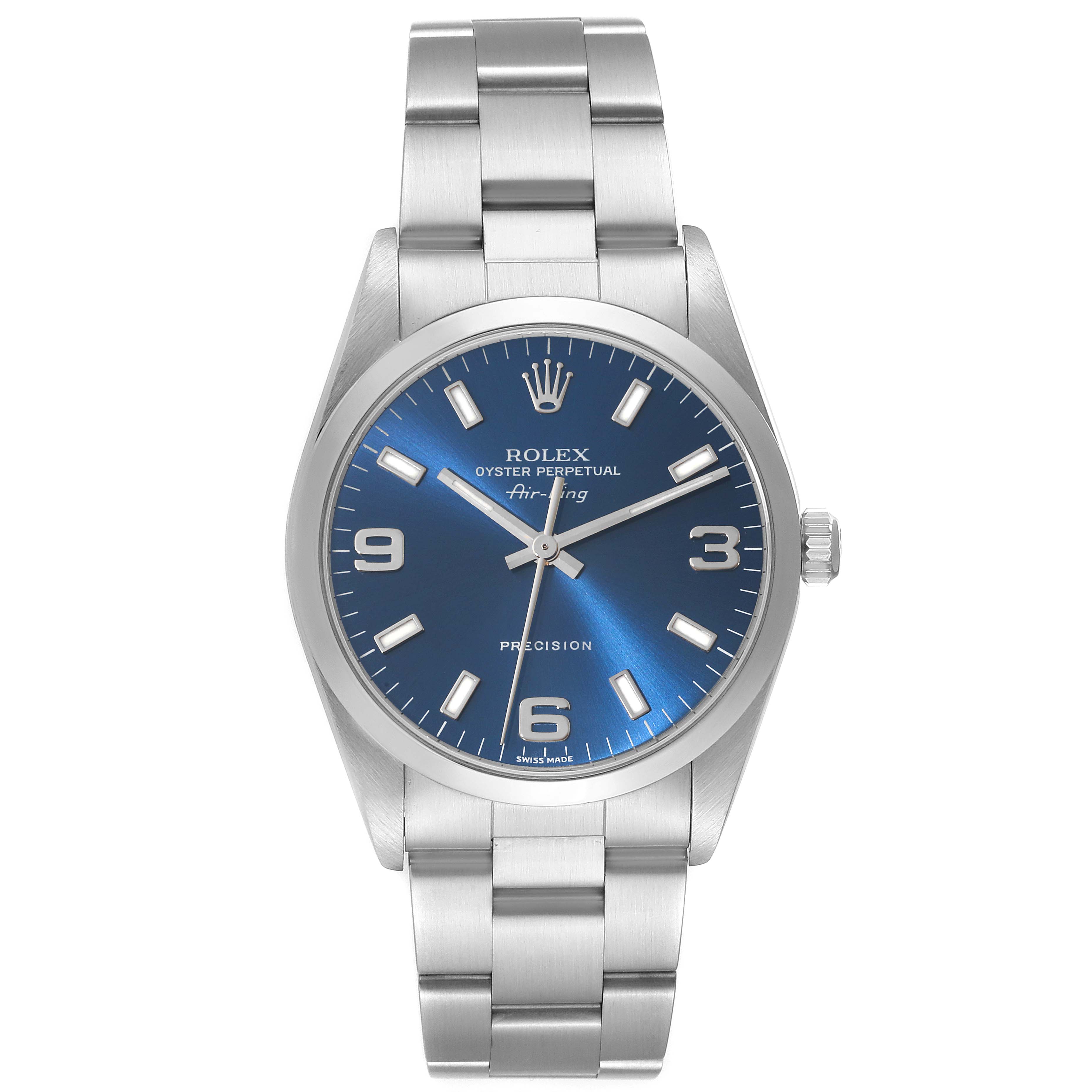 This image shows a front view of a Rolex Air-King 14000M Men's Stainless Steel Blue Dial 14000M Men's Stainless Steel Blue Dial watch including its face, bezel, crown, and metal bracelet.