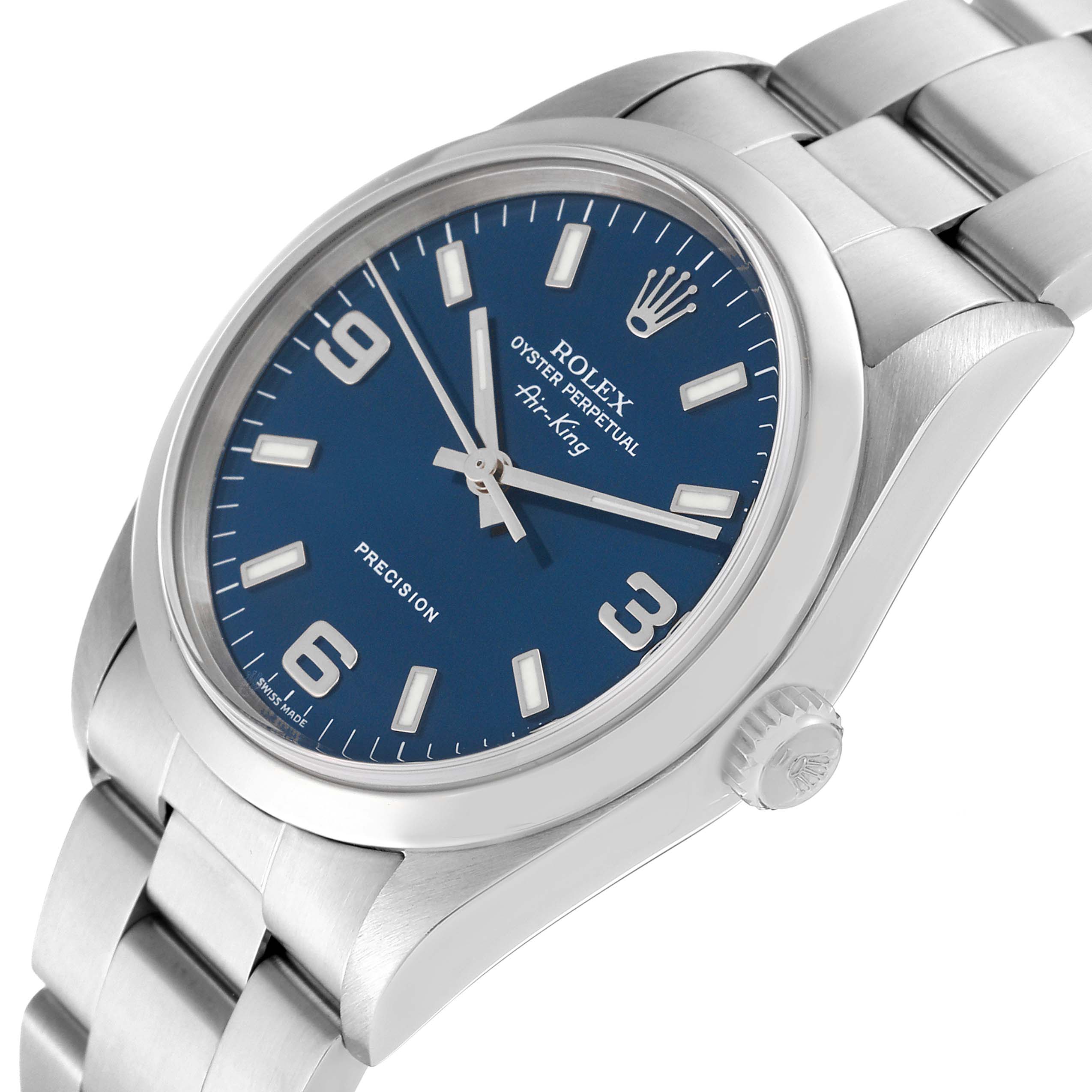 The image shows a Rolex Air-King 14000M Men's Stainless Steel Blue Dial 14000M Men's Stainless Steel Blue Dial watch at a three-quarter angle, displaying its blue dial, crown, and stainless steel bracelet.