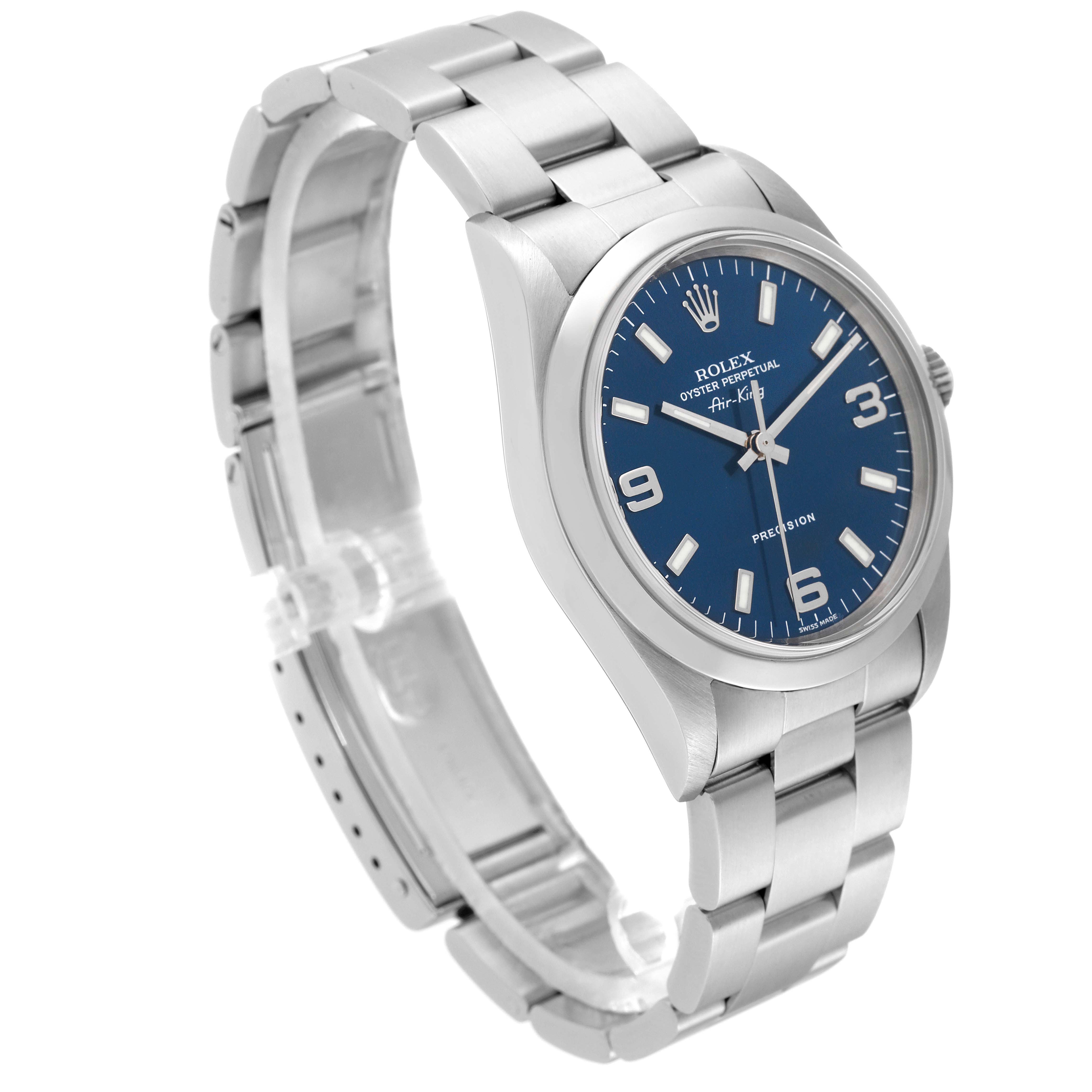 This is a Rolex Air-King 14000M Men's Stainless Steel Blue Dial 14000M Men's Stainless Steel Blue Dial watch, shown at a slight angle, highlighting the face, bezel, crown, and bracelet.