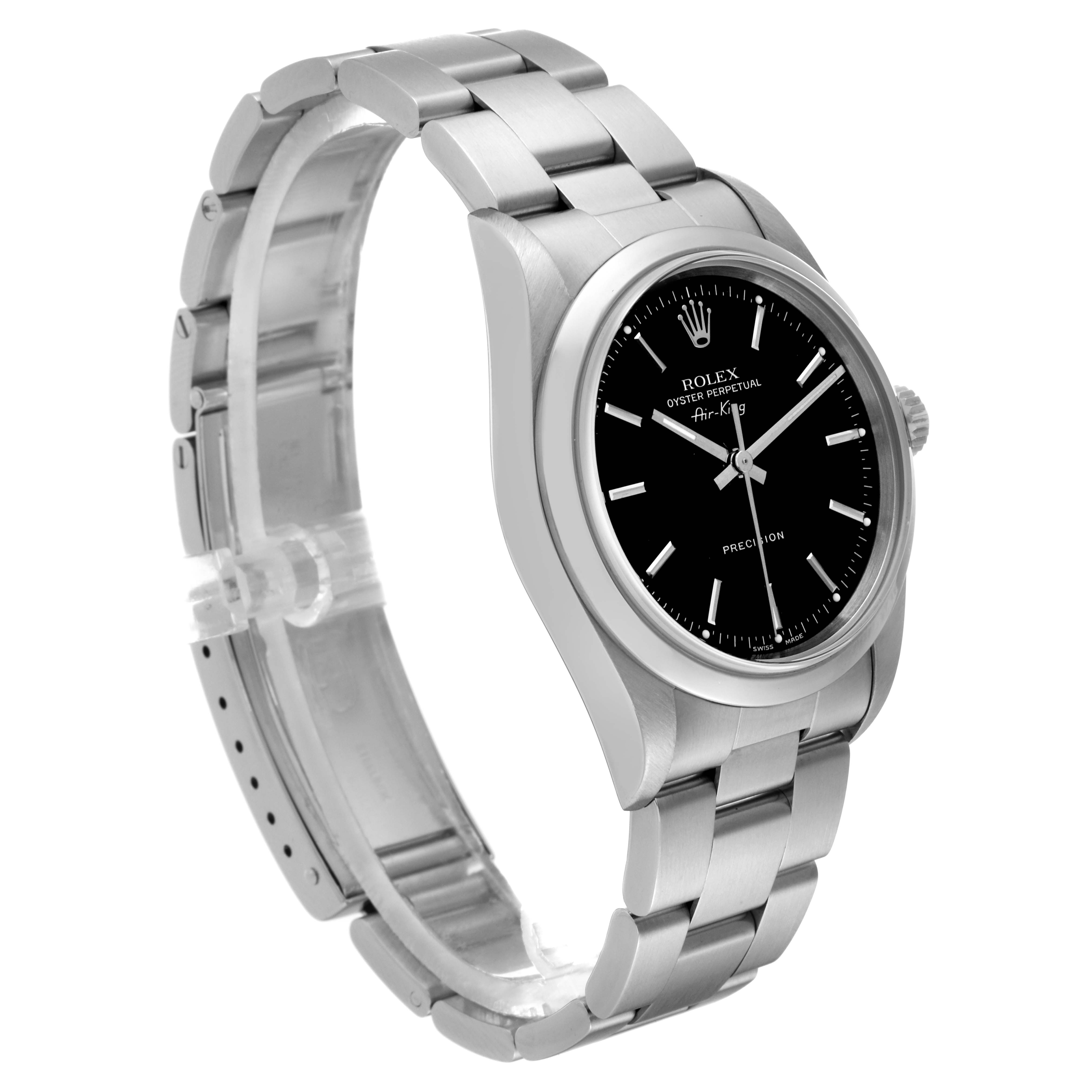 The Rolex Air-King 14000 Men's Stainless Steel Black Dial 14000 Men's Stainless Steel Black Dial watch is shown at an oblique angle, displaying the bracelet, case, and black dial.
