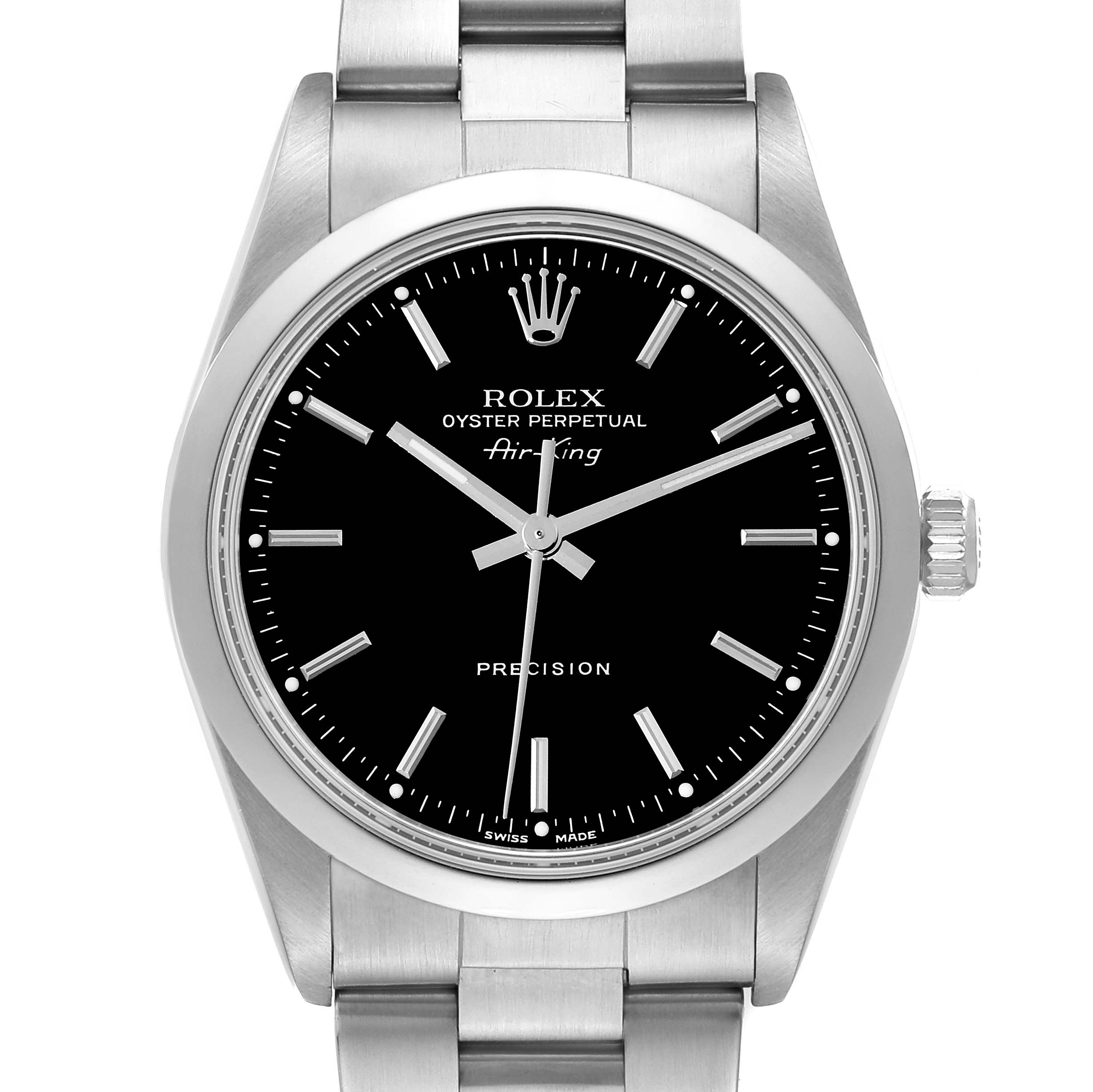 The image shows a front view of the Rolex Air-King 14000 Men's Stainless Steel Black Dial 14000 Men's Stainless Steel Black Dial watch, highlighting the dial, hour markers, hands, and bracelet.